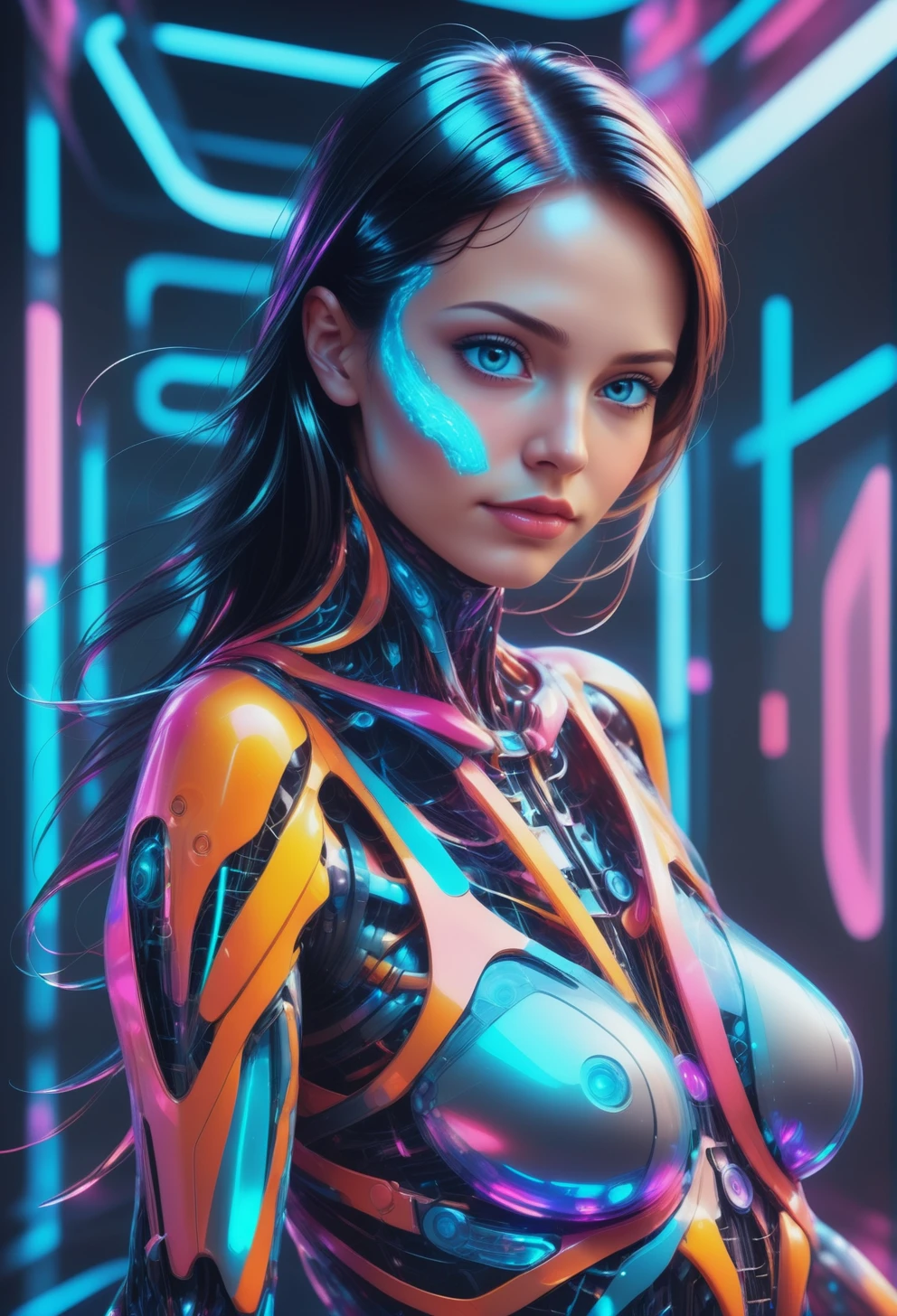 1 woman, upper body, dolleijSDXL01 <lora:DolleijSDXL01:0.9> , (((masterpiece))) , (((best quality))) , 2d, (adorable 1girl, solo:1.3) , her hair is Intricate, Smartwatch, simple background, Simple and clean, Satisfying, Animecore, studio lighting, Magenta color grading, theatrical, holy, vibrant, atmosphere, luxurious, dynamic dramatic composition,c yborg made of Jed-CyFut<lora:CyberFuturisticStyle:0.9> , the woman in the picture is a cyborg, created to arouse lust and desire in the other person, her body is well formed, her suit is connected to her body, cables protrude from her bodysuit to the technical devices in the background, the cables are charged with neon light and fill the woman with energy, many cables merge in the most harmonious way of caos in a symbiosis with the background, a sci-fi scenery created to captivate the viewer, Heijzel is pure seduction, She storms towards the viewer, massive speed, focus on the face, ,<lora:SDXLFaeTastic2400:0.4>