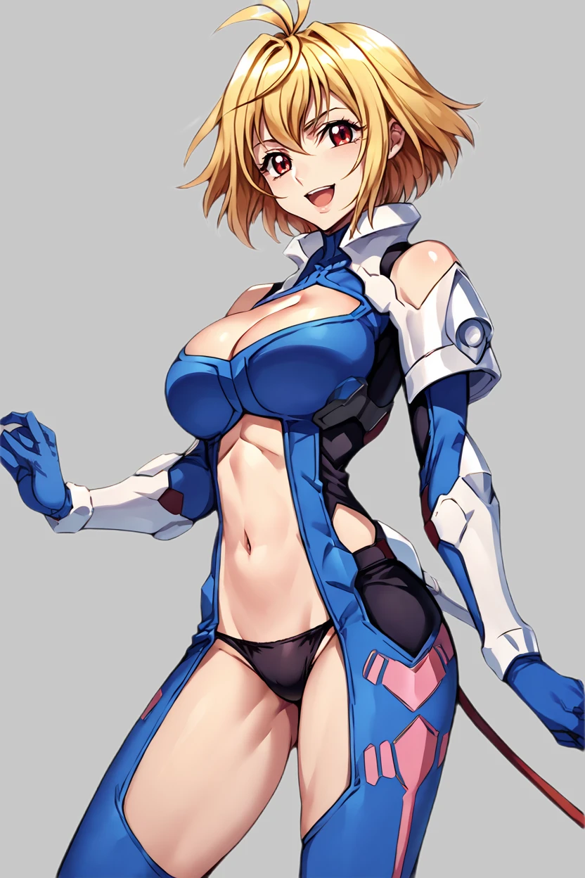 score_9, score_8_up, score_7_up, source_anime BREAK 1girl, solo, crossange_ange, cowboy shot, blue bodysuit, detached sleeves, blue gloves, cleavage cutout, navel cutout, black panties, bare thighs, large breasts, blonde hair, antenna hair, short hair, red eyes, looking at you, smile, open mouth, simple background <lora:crossange_ange:1>