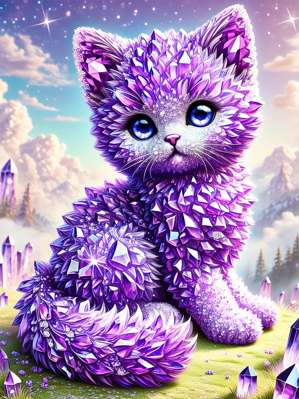 most beautiful siberian kitty made of sparkling amethyst crystals in fluffy clouds, score_9, top quality, soft shadows, detailed shading, fine art