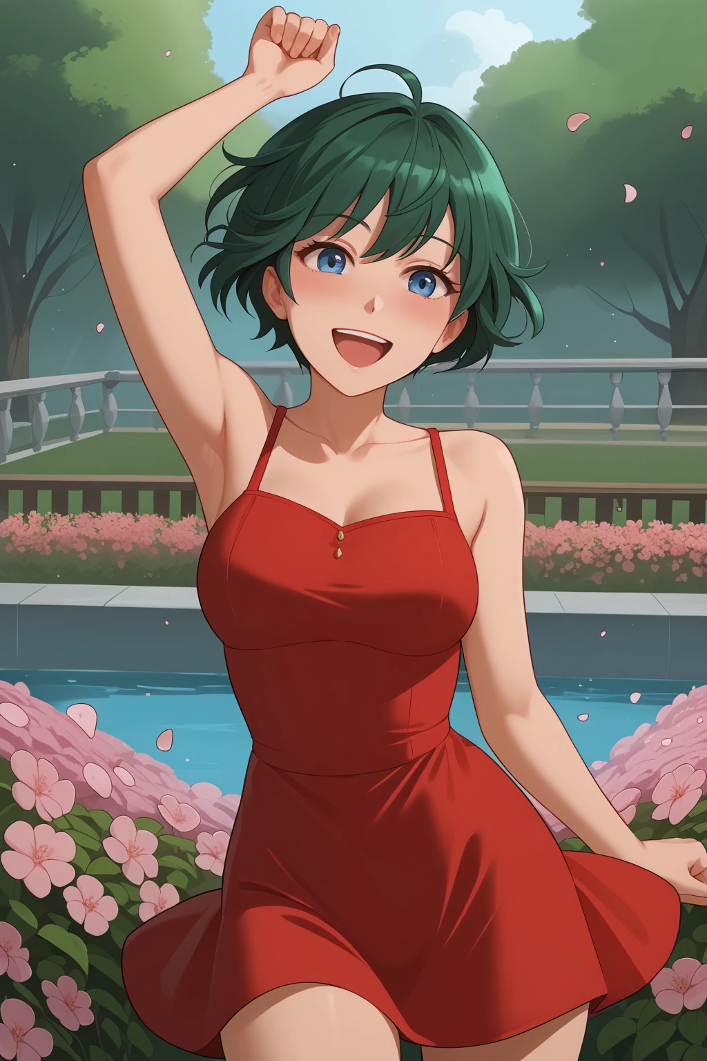 Kuremu, Green Hair, Short Hair, Blue Eyes, Red Short Dress, Red Short Boots,
(nsfw), (uncensored), (score_9), score_8_up, score_7_up, source_anime, cowboy shot, dynamic pose, 1 Female, solo, happy smile joy, blush, ashamed, shy, sexy, charming, alluring, seductive, enchanting, erotic,
 ((outdoors)), ((flower garden)), ((flowers)), ((many flowers)), spring petals, petals of flowers, spring, falling petals, flying butterflies<lora:EMS-421550-EMS:0.800000>