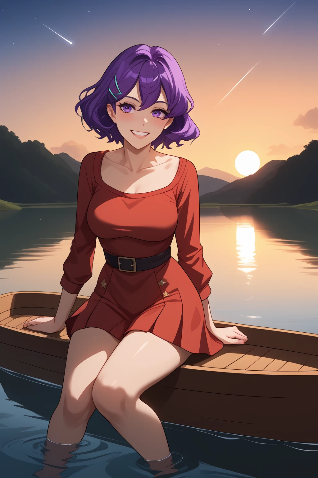 Carla, Leaf-Like Hairclip, Amaranth Hair, Purple Eyes, Red Short Dress, Red Short Boots,
In Dusk, In Sunset, Sitting On Gourd-Type Boat, In Lake, Star-Type Leaf, Falling Star-Type Leaf, (nsfw), (uncensored), (score_9), score_8_up, score_7_up, source_anime, cowboy shot, dynamic pose, 1 Female, solo, happy smile joy, blush, ashamed, shy, sexy, charming, alluring, seductive, enchanting, erotic<lora:EMS-423241-EMS:0.800000>