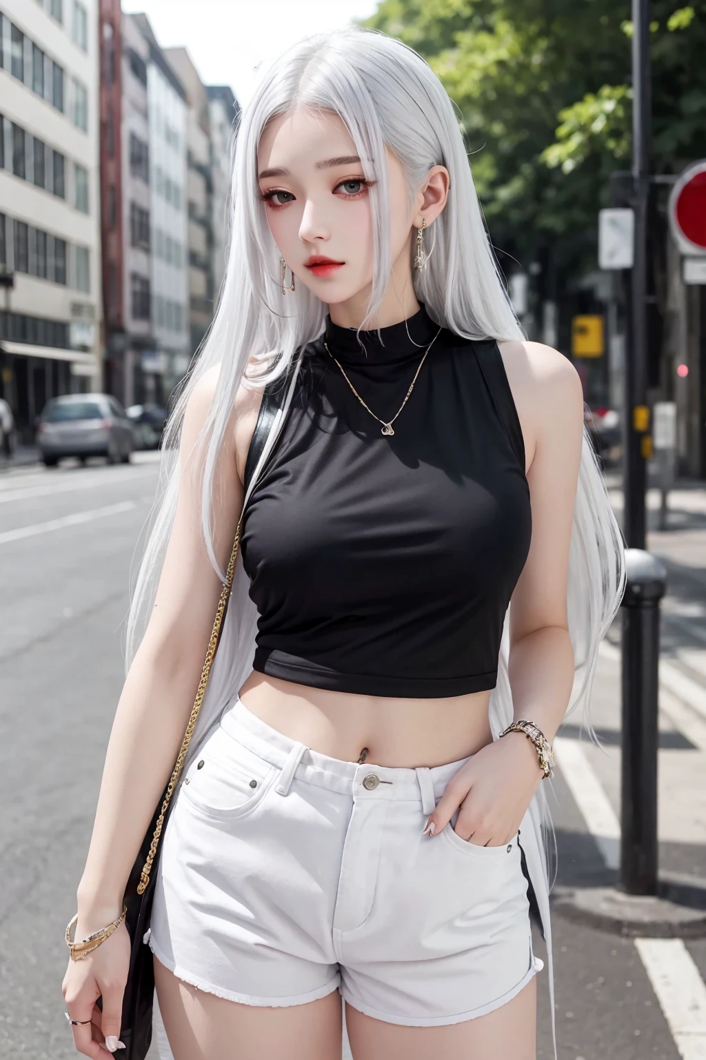 masterpiece,best quality,1girl,women,solo,hips up,upper body,closed mouth,accessories,long white hair,street wear,shorts,sleeveless,jewelry,<lora:more_details:0.3>,<lora:narakazaiji:0.6>,