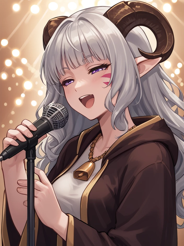 <lora:whisker_markings:0.8>red whisker_markings ,microphone,  microphone stand,  holding microphone stand,  <lora:microphone_stand:1> singing, joyful, open mouth,, source_furry, score_7_up, rating_safe, cowboy shot, gold necklace, tiefing, short pointed ears, brown horns, (a pair of brown sheep Horns that begin at her temples and curve back: 1.5), bangs, long silver hair long wavy hair, pale skin, short pointy ears, purple eyes, <lora:age_slider_v4:0.6>   medium breasts, skinny female, close up, silver hair, <lora:Tieflingnew weird fantasyDND:0.3> Tiefling, pointed ears, horns, half-closed eyes<lora:Smooth Style 2 SDXL_LoRA_Pony Diffusion V6 XL:0.5> bell, robe, hood off,