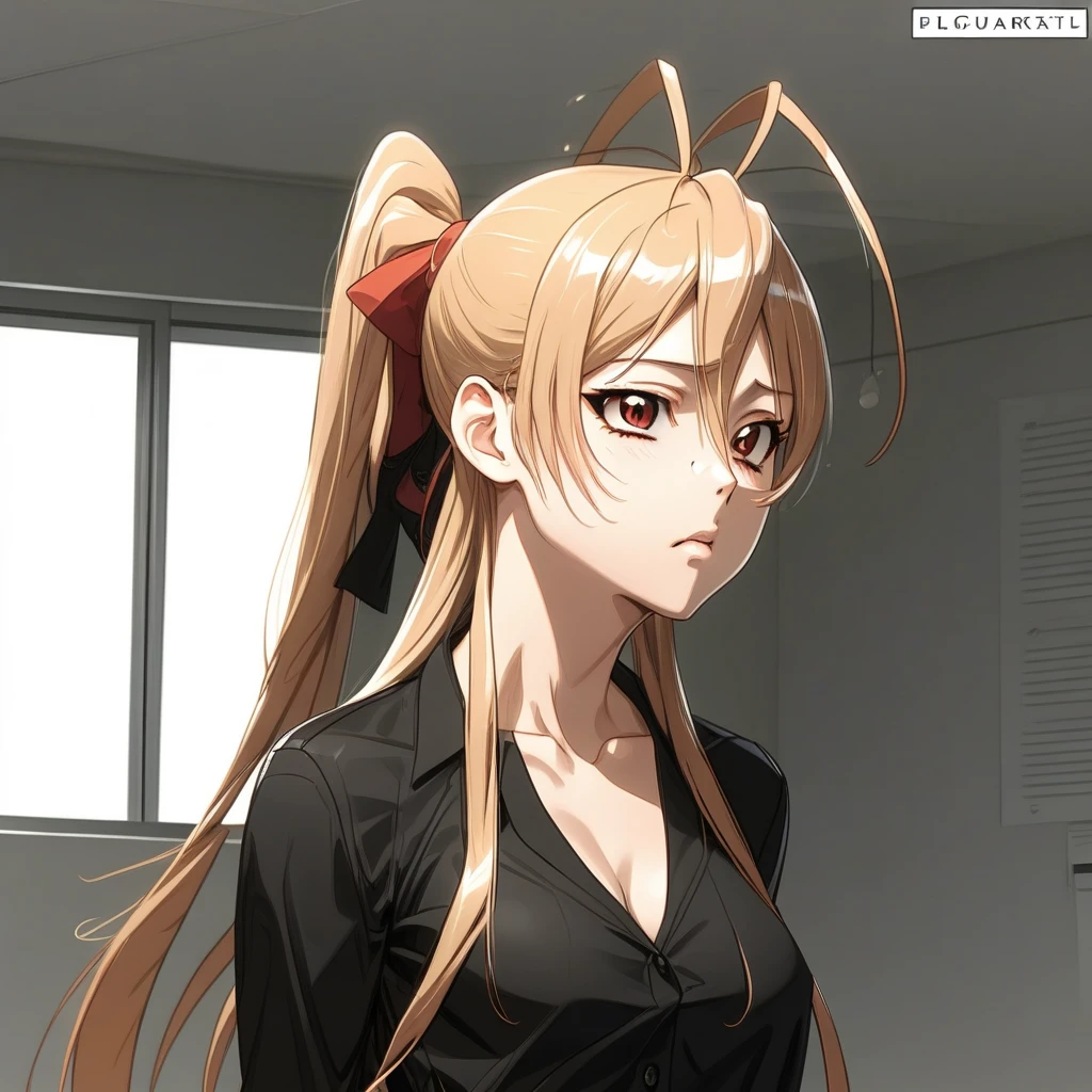 masterpiece, best quality, best aesthetics, miyamoto rei, long hair, ponytail, antennae hair, bangs, hair between the eyes, blush on the cheeks, averted gaze, long black shirt, shirt covering it, awakening, up , loose hair, shiny, shiny skin, alone, room background, standing, front view.