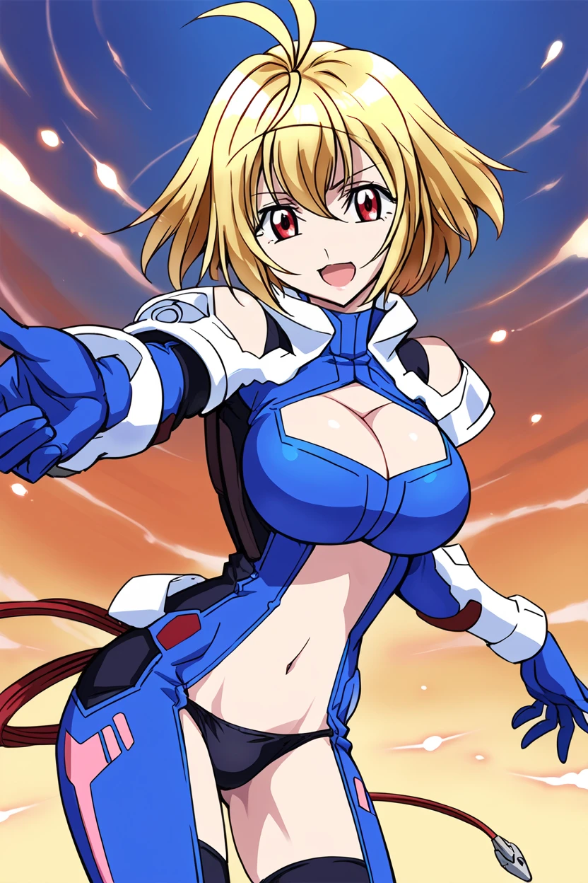 score_9, score_8_up, score_7_up, source_anime BREAK 1girl, solo, crossange_ange, cowboy shot, blue bodysuit, detached sleeves, blue gloves, cleavage cutout, navel cutout, black panties, large breasts, blonde hair, antenna hair, short hair, red eyes, looking at you, smile, open mouth <lora:crossange_ange:1>