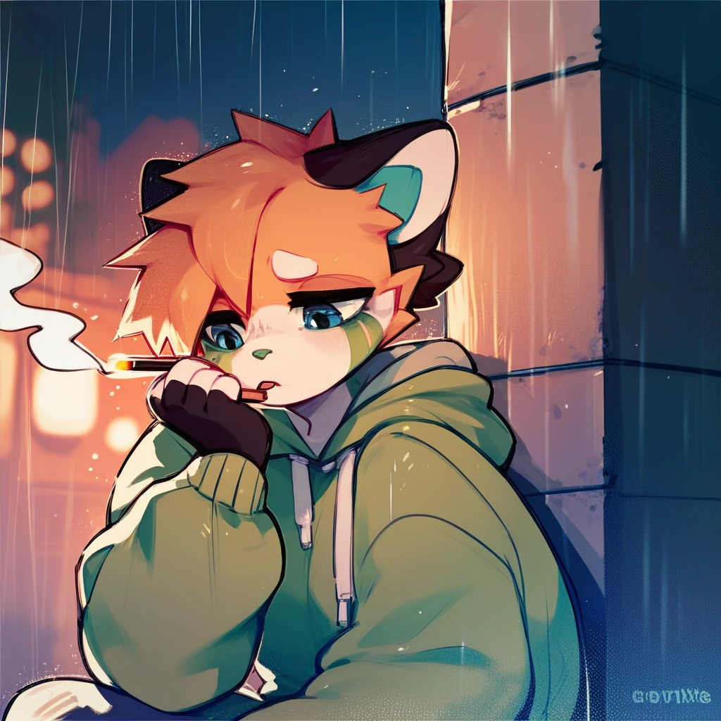 score_9, score_8_up, score_7_up, score_6_up, mikus-pocky, 1girl, green hoodie, blue eyes, sad, cry, smoking, night, rain,