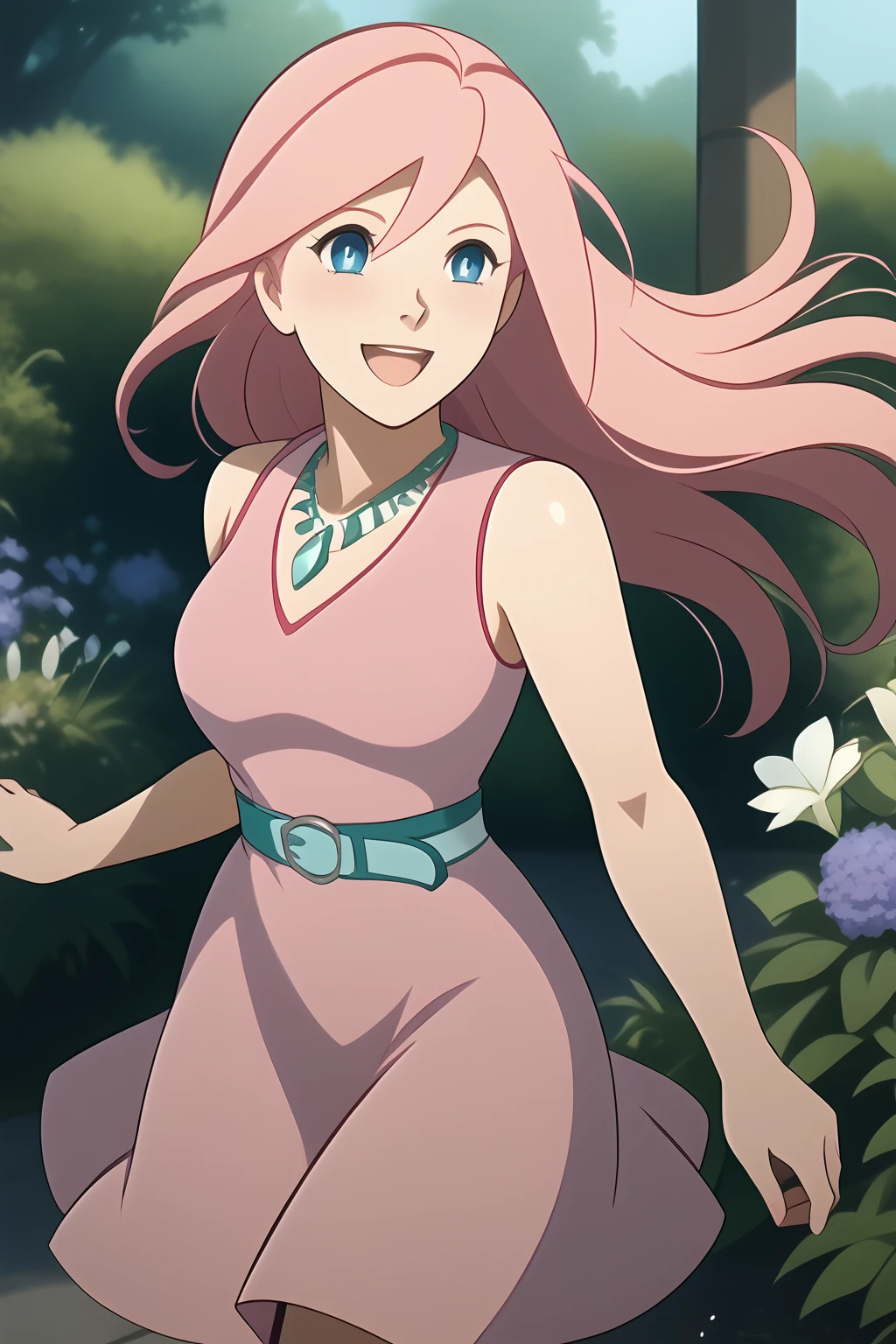 Riruru, Blue Eyes, Light Pink Hair, Long hair, Fair Skin, bright teal necklace, pink dress,
(nsfw), (uncensored), (score_9), score_8_up, score_7_up, source_anime, cowboy shot, dynamic pose, 1 Female, solo, happy smile joy, blush, ashamed, shy, sexy, charming, alluring, seductive, enchanting, erotic,
((outdoors)), ((flower garden)), ((flowers)), ((many flowers)), spring petals, petals of flowers, spring, falling petals, flying butterflies<lora:EMS-423391-EMS:0.800000>, <lora:EMS-423740-EMS:1.000000>