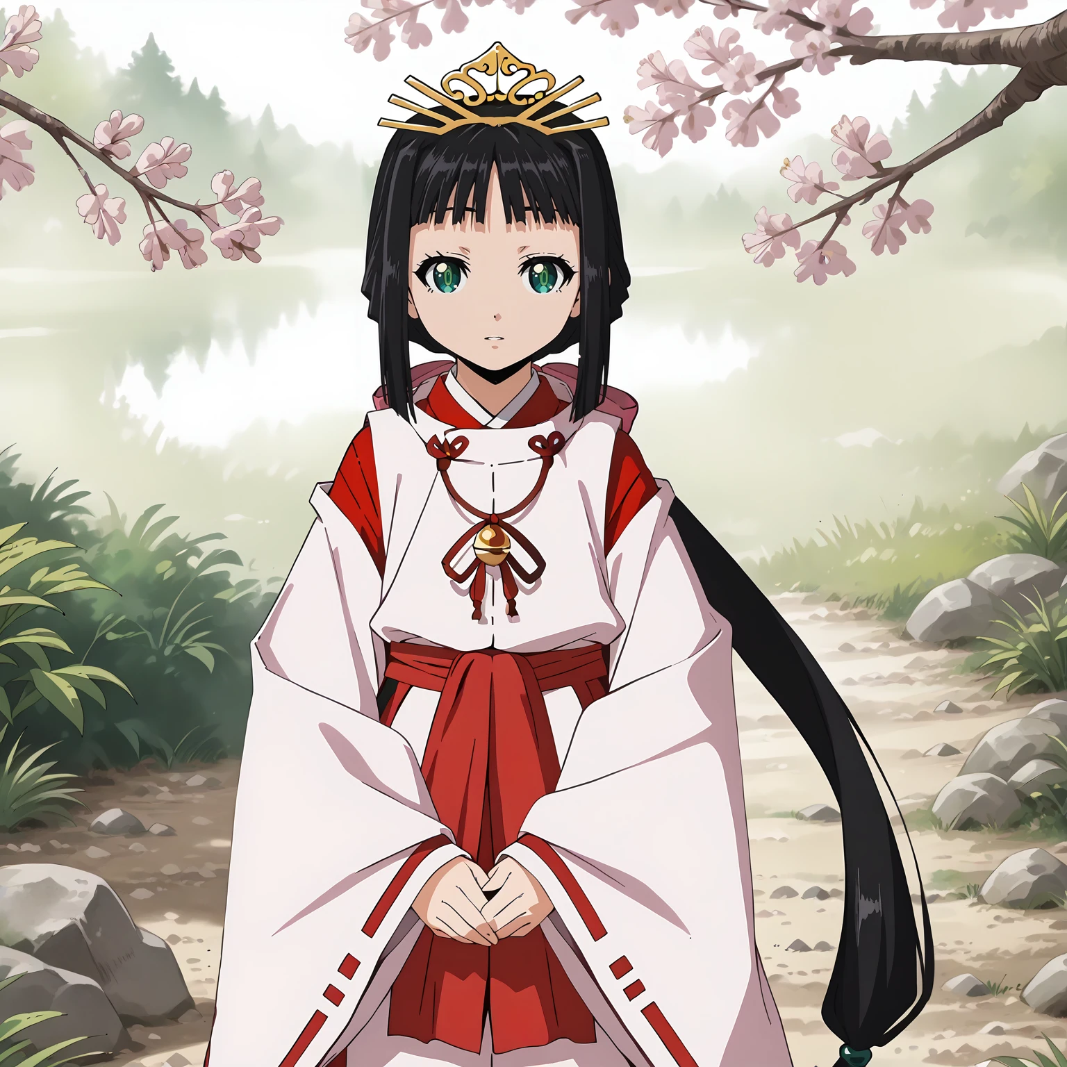 <lora:TES_ShizukuXLpony002>,
parted lips,
solo,
Shizuku,1girl,black hair,low ponytail,hair ribbon,green eyes,
very long hair,
tiara,
miko,
outdoors,nature,cherry blossoms,
standing,