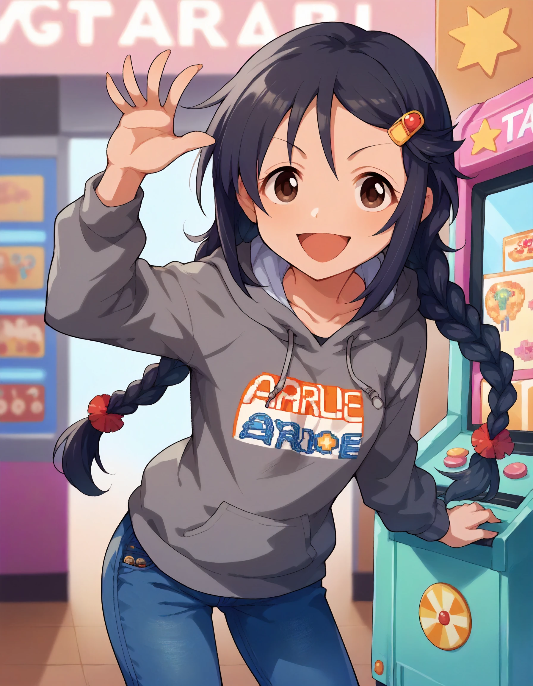 score_9,score_8_up,score_7_up,1girl,solo,cowboy shot,looking at viewer,smile,open mouth,arcade,
<lora:miyoshisana_ponyXLV6:0.8>,cgmsn,black hair,twin braids,brown eyes,hairclip,grey hoodie,jeans
