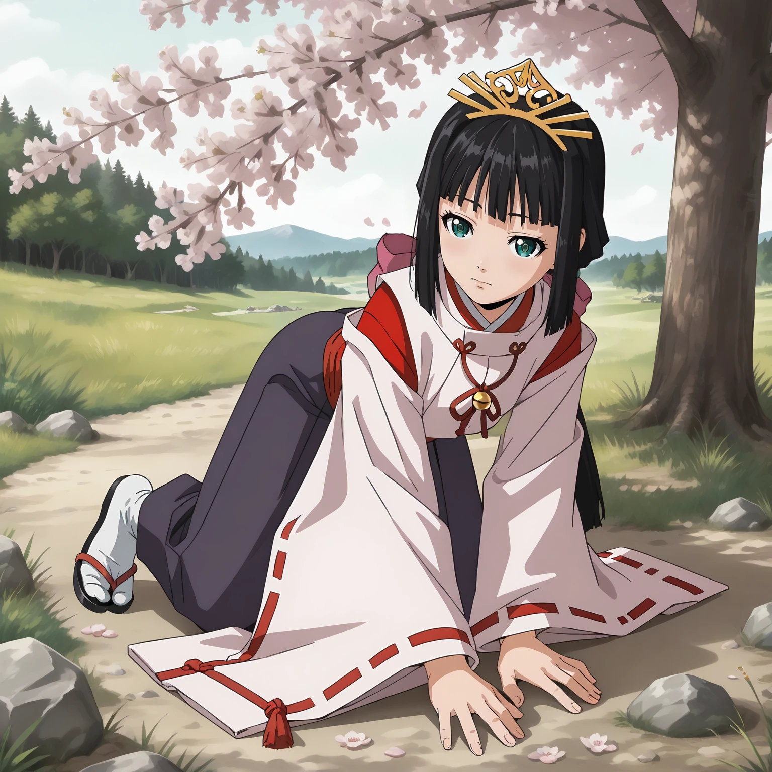 <lora:TES_ShizukuXLpony001:0.8>,
solo,
Shizuku,1girl,black hair,low ponytail,hair ribbon,green eyes,
tiara,
miko,
outdoors,realistic,nature,cherry blossoms,
full body,all fours,hakama,tabi,