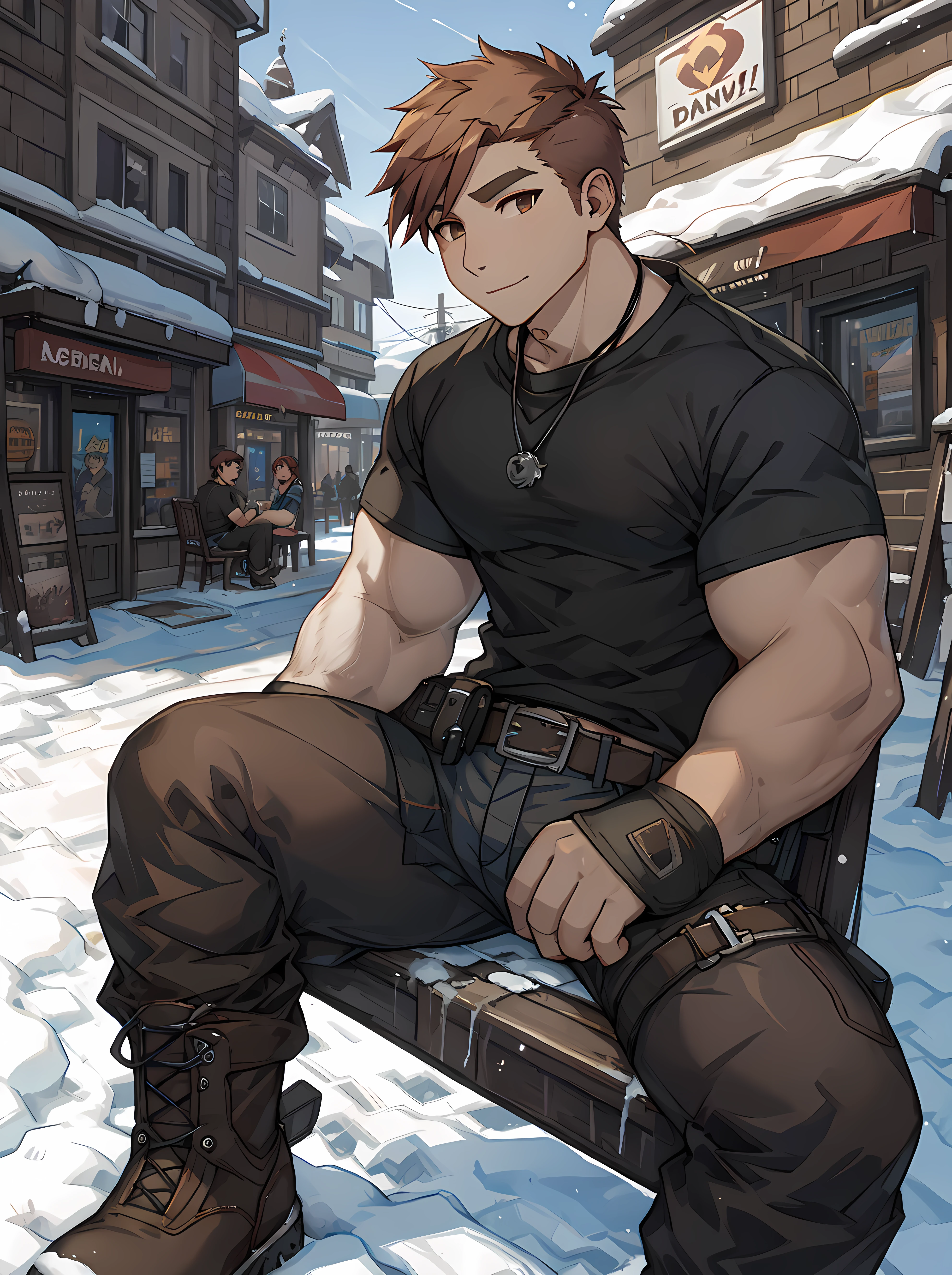 <lora:JD_Fenix:0.8> jd_fenix, undercut, short hair, (muscular:1.2), brown hair, outdoor, snow, shop, daytime, sitting, black shirt, pants