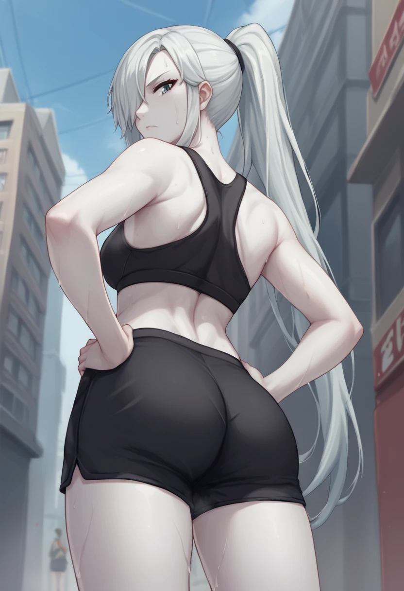 score_9, score_8_up, score_7_up, source_anime, from behind, solo, 1girl, u-1196, white skin, sweat, expressionless, looking back, hands on own hips, long hair, hair over one eye, ponytail, black sports bra, black shorts, short shorts, ass, outdoors, city street <lora:cellsatwork_u1196_ponyXL:1>