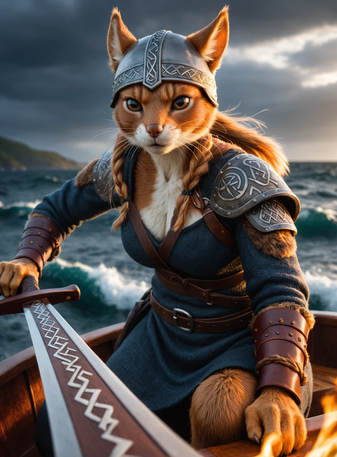 Closeup photo of an anthro viking, squirrel female on his boat , epic pose, natural light, stormy sea, wearing a viking helmet and and viking outfit, runes , angry , burning viking ship in the background, holding a viking sword with glowing runes, high quality photography, 3 point lighting, flash with softbox, 4k, Canon EOS R3, hdr, smooth, sharp focus, high resolution, award winning photo, 80mm, f2.8, bokeh