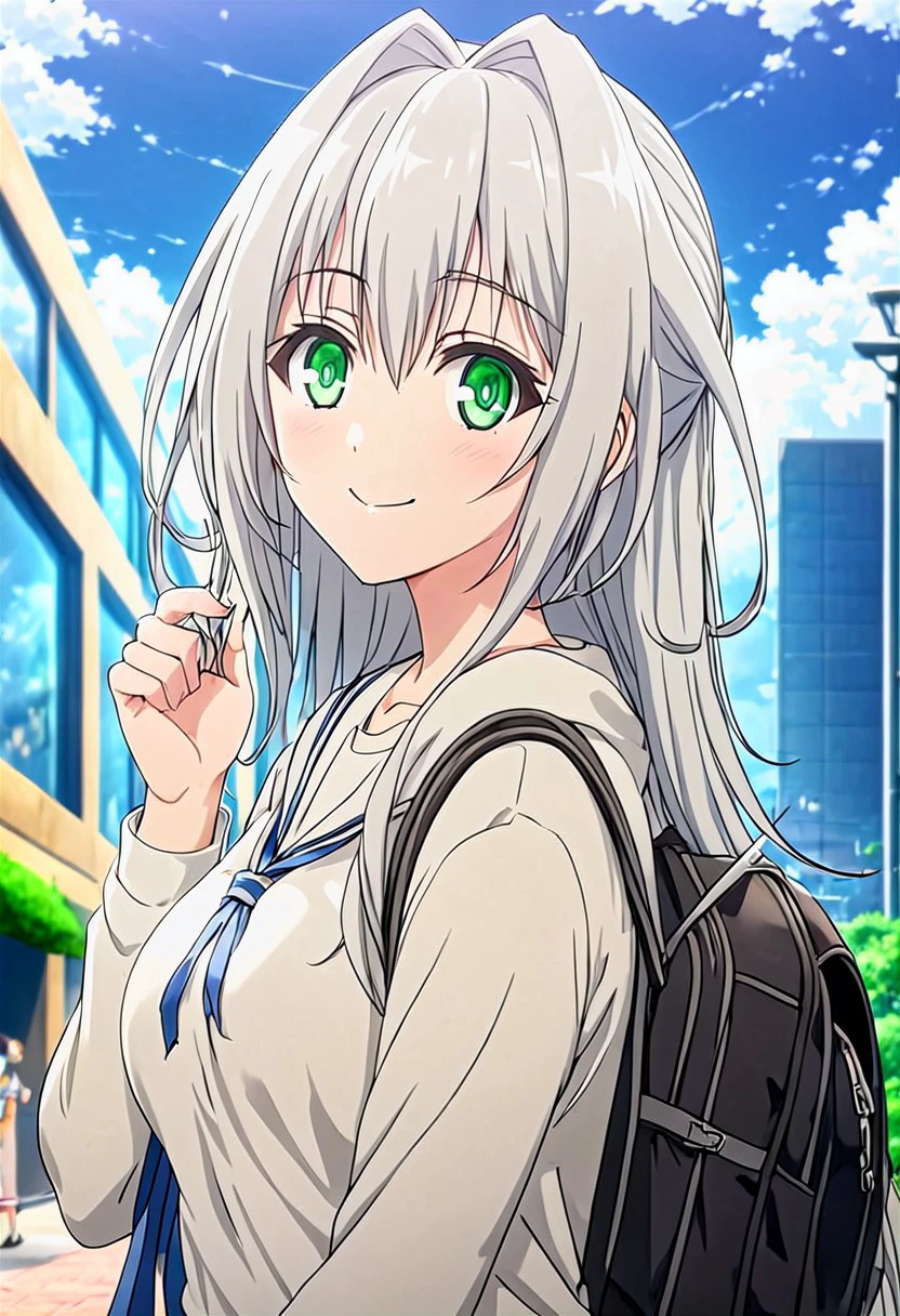 (extremely detailed CG unity 8k wallpaper),eye catching,(masterpiece), (best quality), (ultra-detailed), extremely detailed,(best illustration), an extremely delicate and beautiful ,CG ,unity ,8k wallpaper,solo, long hair,silver hair,green eyes,medium breasts,smile, masterpiece, best quality, school courtyard, smile, holding, bookbag, sunny, lens flare, clouds, sky, bright, highly detailed,  score_4_up, score_anime, score_realstic