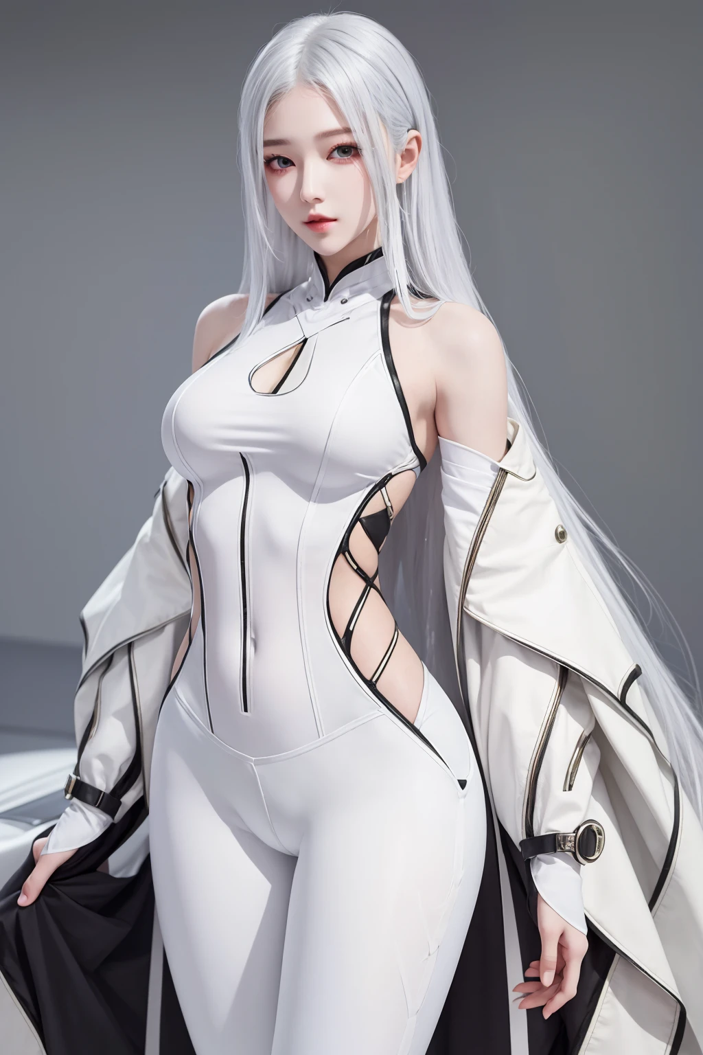 masterpiece,best quality,1girl,women,solo,hips up,upper body,bodysuit,pants,<lora:more_details:0.3>,long white hair,<lora:narakazaiji:0.6>,