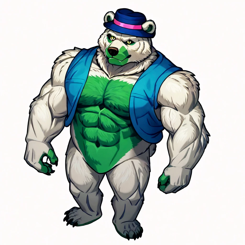 <lora:saucebear_ponyxl-10:1.0> score_9_up, score_8_up, score_7_up, source_furry, saucebear, blue hat, bear face, bear ears, yellow eyes, white fur, green chest, blue vest, detailed eyes, detailed fur, full body
<lora:muscular-pony-6:1.0> muscular_body