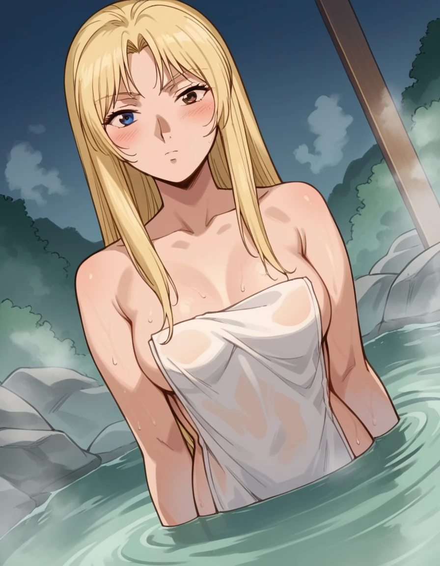 score_9, score_8_up, score_7_up, source_anime, <lora:urumi-kanzaki-anime-ponyxl-lora-nochekaiser:1> urumi kanzaki, parted bangs, heterochromia, brown eyes, long hair, blue eyes, blonde hair, medium breasts, sidelocks,, nude, naked, outdoors, onsen, towel, naked towel, steam, bathing, nude cover, partially submerged, water, bath, steam censor, wet towel, blush, looking at viewer, solo,, cowboy shot, dutch angle