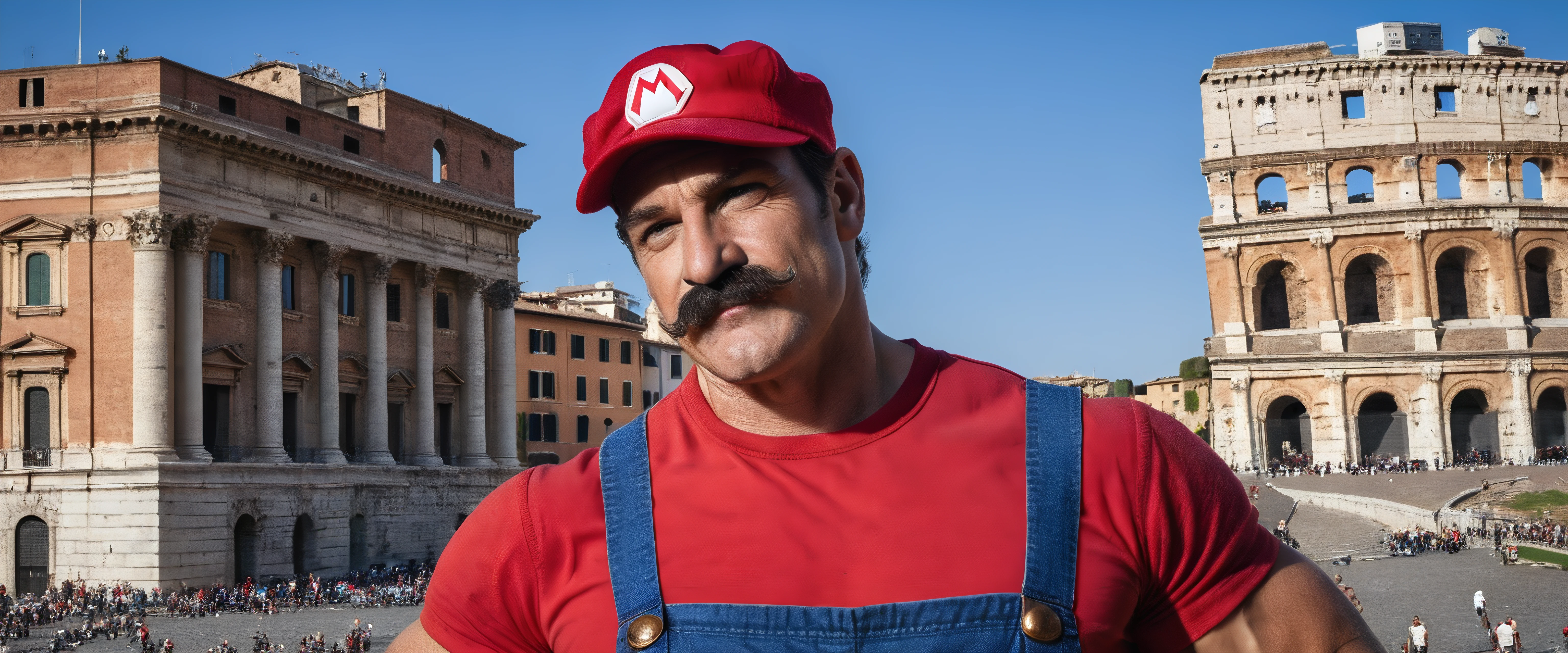 Mario in Italy, red shirt, blue overalls, red cap, manly, muscular, posing, mustache, Italy, Rome, photograph, upper body, solo