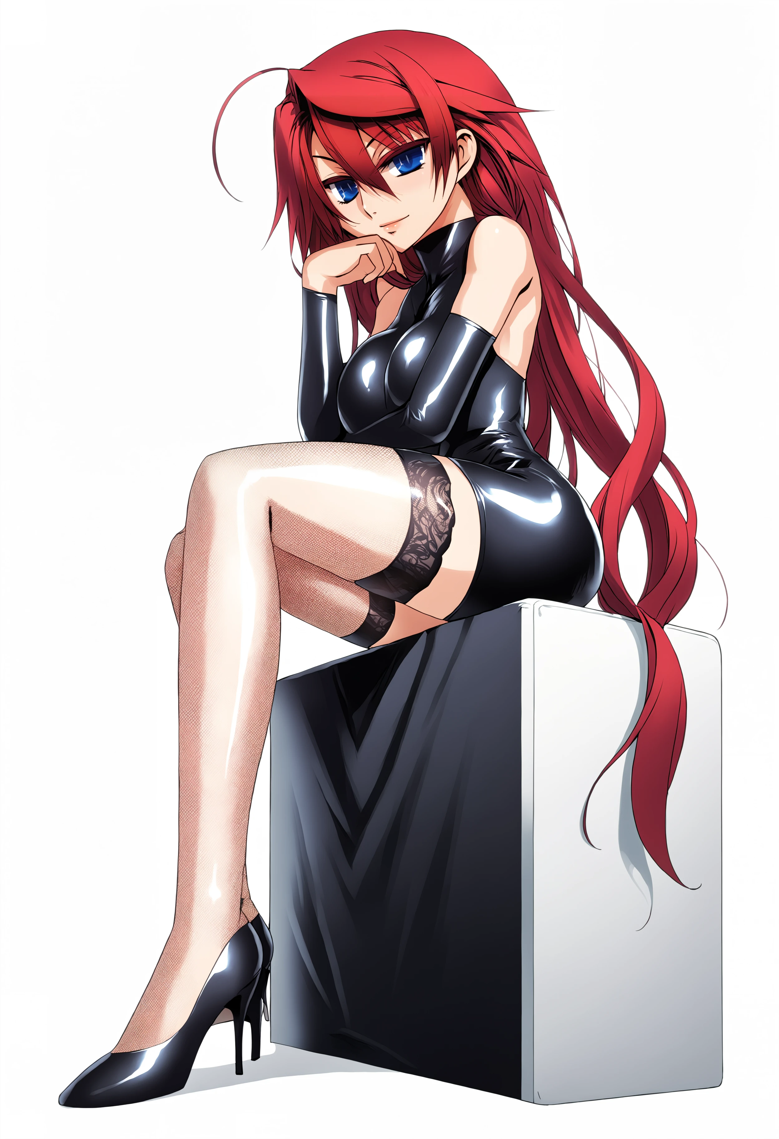 1girl, [mature female::0.3], full body,  sysdeep_rias, solo, looking at viewer, blue eyes, [small breasts::0.37], [skinny::0.37], [(huge breasts:1.1):0.37], hair between eyes, very long hair, red hair, huge ahoge, head rest, black dress, latex dress, fishnet stockings, high heels, from below,
<lora:Rias Gremory - [High School DxD] - XL Version 1:0.7>
 <lora:ishida_akira-000006:1> , ishida_akira,