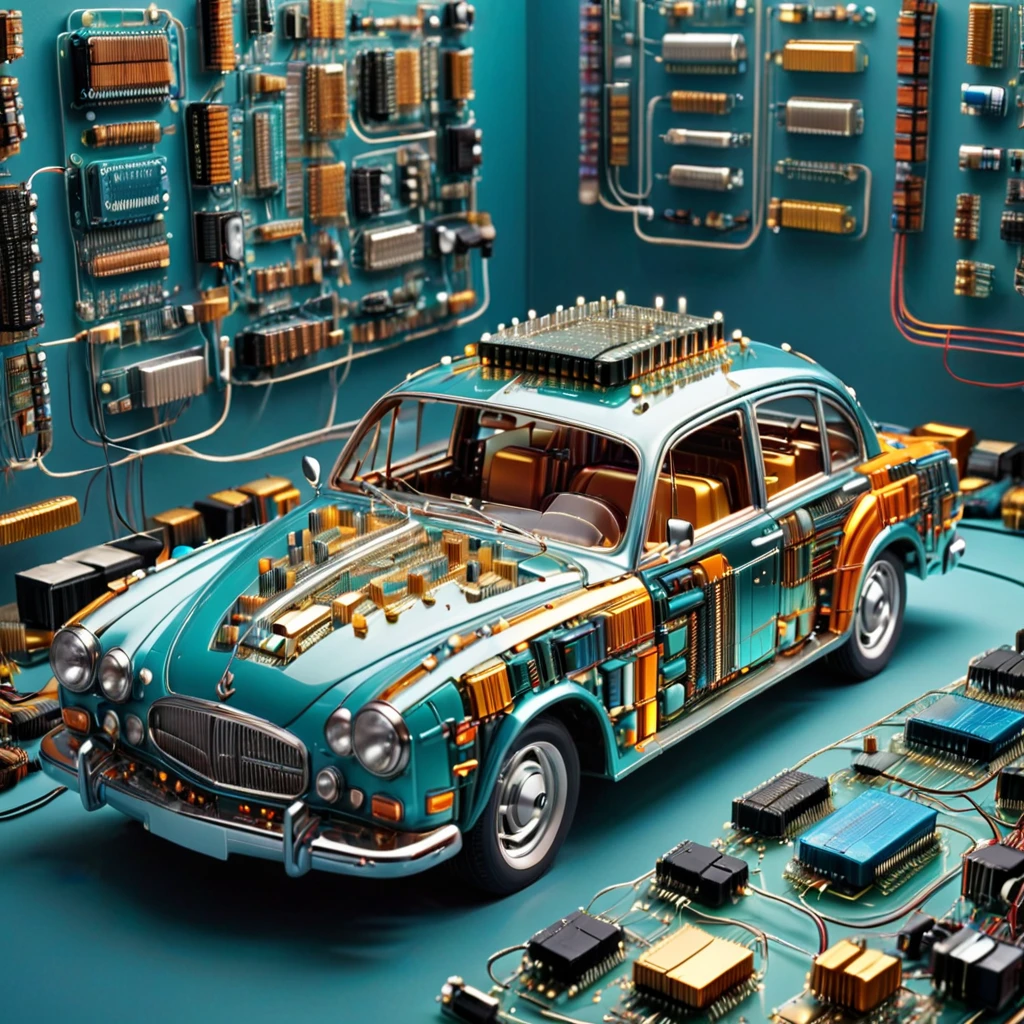 car made out of transistors , looks beautiful and aesthetic, colorful background  <lora:TransistorsXL_LoRA:1>