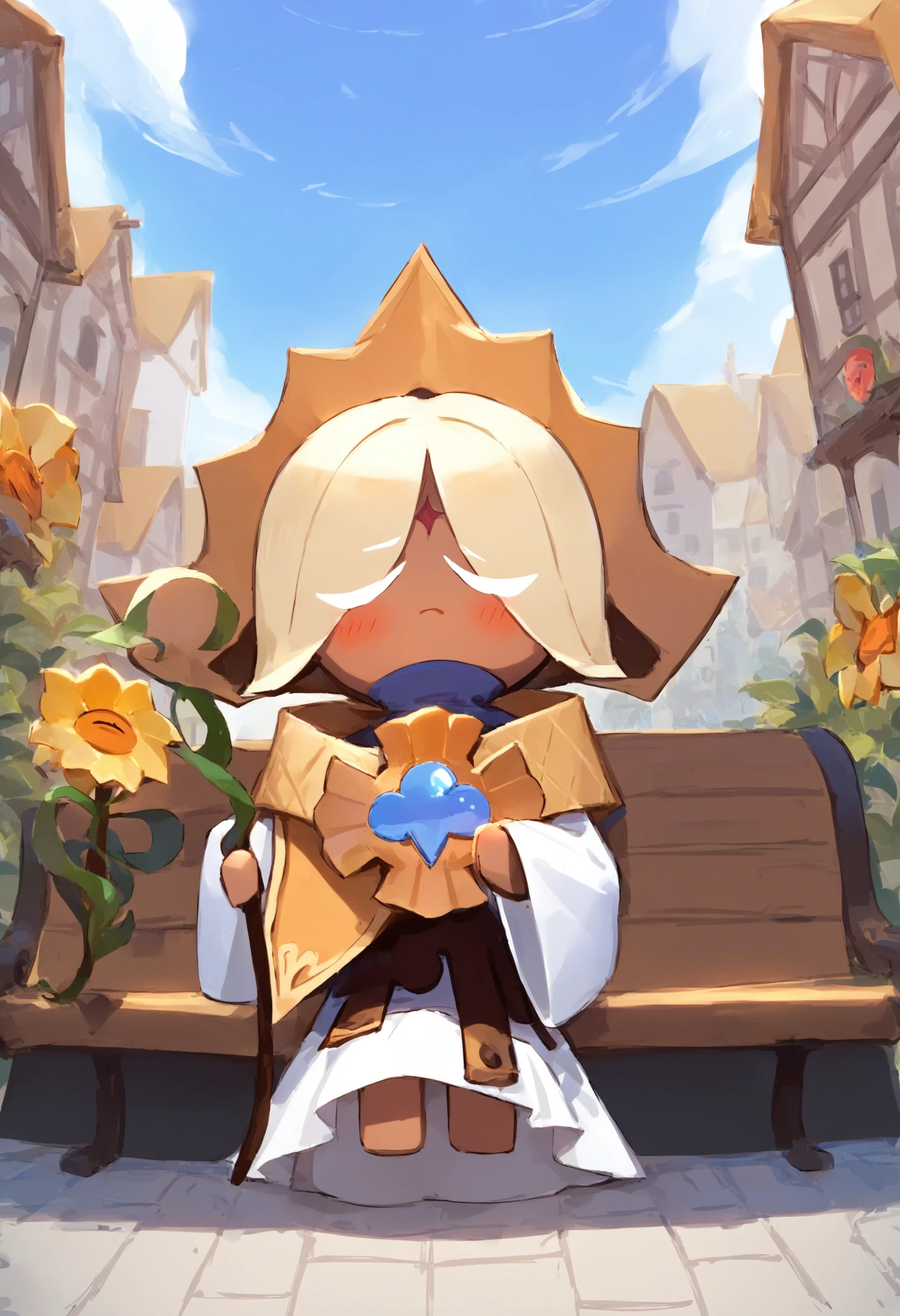 score_9, score_8_up, score_7_up, source_anime, extremely detailed BREAK
medieval city, buildings, day, bench
1boy, PureV4n1ll4C00k1e, hat, robe, cloak, blonde hair, holding, sunflower staff, dark skin, no shoes, no socks
smile, looking at viewer, heterochromia, sitting, bench, (blush:1.2), (shy:1.2), (closed eyes:1.5)
(dutch angle:1.4)
detailed background, beautiful scenery <lora:PureV4n1llaC00k1e:1>
<lora:add-detail-xl:1>