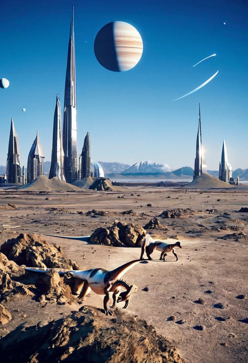 surrealist landcape with planets, dinosaurs and skyscrapers