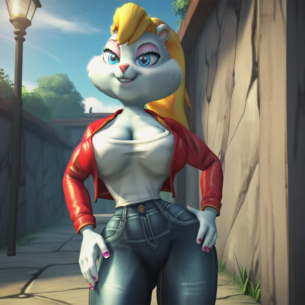 score_9, score_8_up, score_7_up, score_6_up, score_5_up, score_4_up, BREAK, <lora:BerriCBFD:0.8>, cbfdberri, furry female, grey fur, bodyfur, 1girl, solo, blonde hair, ponytail, breasts, furry, eyeshadow, blue eyes, animal ears, cleavage, large breasts, nail polish, makeup, outdoors, wearing white shirt and jeans, wide hips, posing,  red  jacket, open clothes,