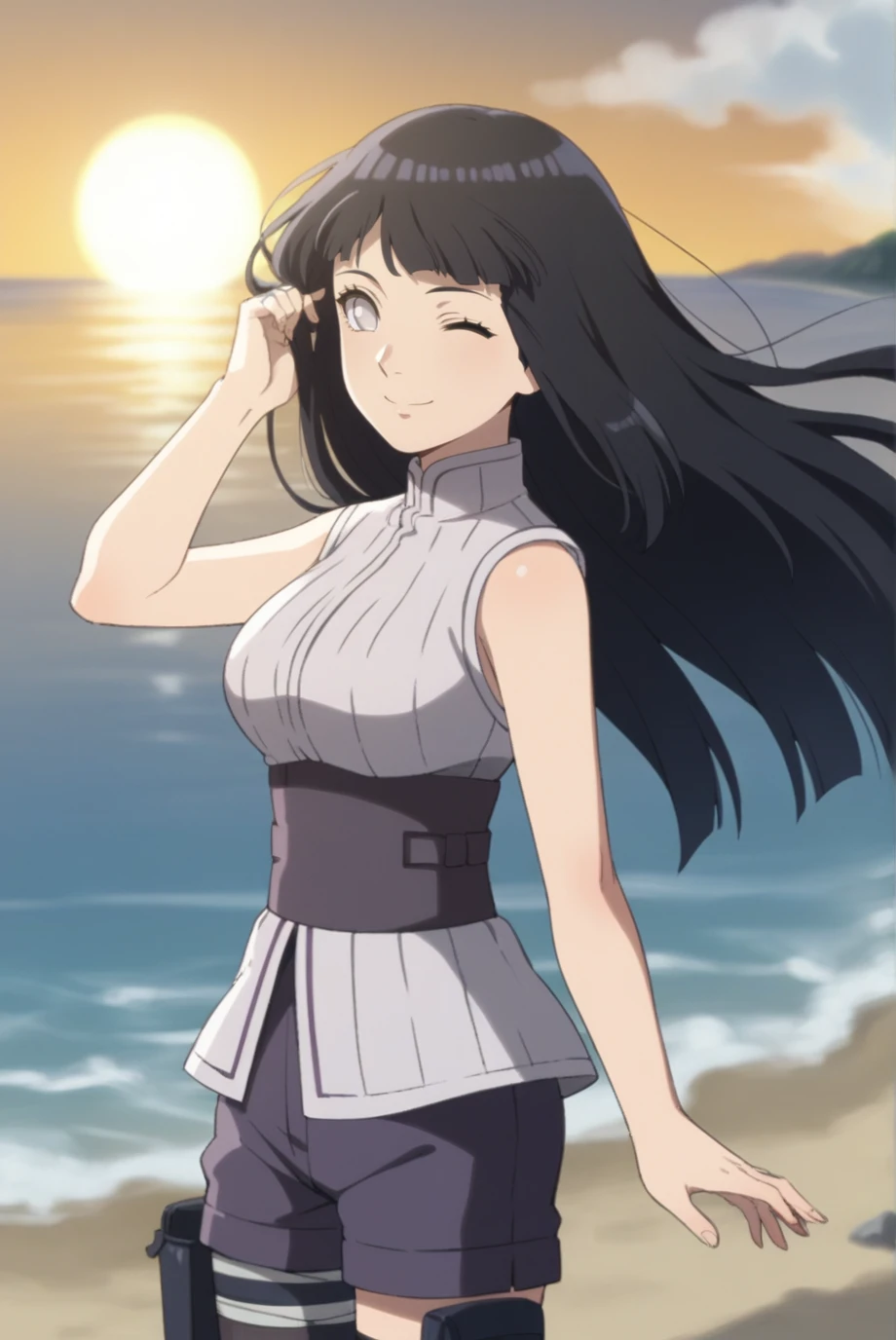 score_9, score_8_up, score_7_up, score_6_up, score_5_up, score_4_up, BREAK source_anime, 1girl, solo,
<lora:HinataTheLastXL-v1-07:0.7>, ChopioHyugaHinata, long hair, black hair, straight hair, shiny hair, blunt bangs, white eyes, no pupils, looking at viewer,
mature female, medium breasts,
outfit_1, white shirt, ribbed shirt, sleeveless, waistband, purple shorts, bandaged leg, thigh pouch, black thighhighs,
beach, ocean, sunset, backlighting, floating hair, wind, from side, smile, adjusting hair, one eye closed,