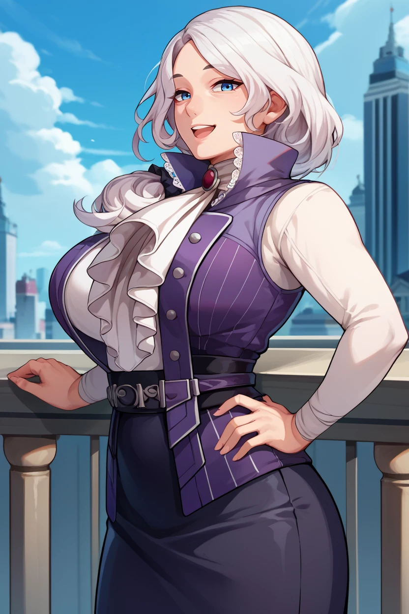 score_9, score_8_up, score_7_up, score_6_up, source_anime, 1girl, solo,  <lora:willowschnee-pdxl-nvwls-v1-000008:1> rbWillow, white hair, hair over shoulder, high collar, purple vest, white shirt, ascot, long sleeves, black skirt, black pantyhose, large breasts, mature female, happy, from side, hand on hip, blue sky, clouds, city, looking at you