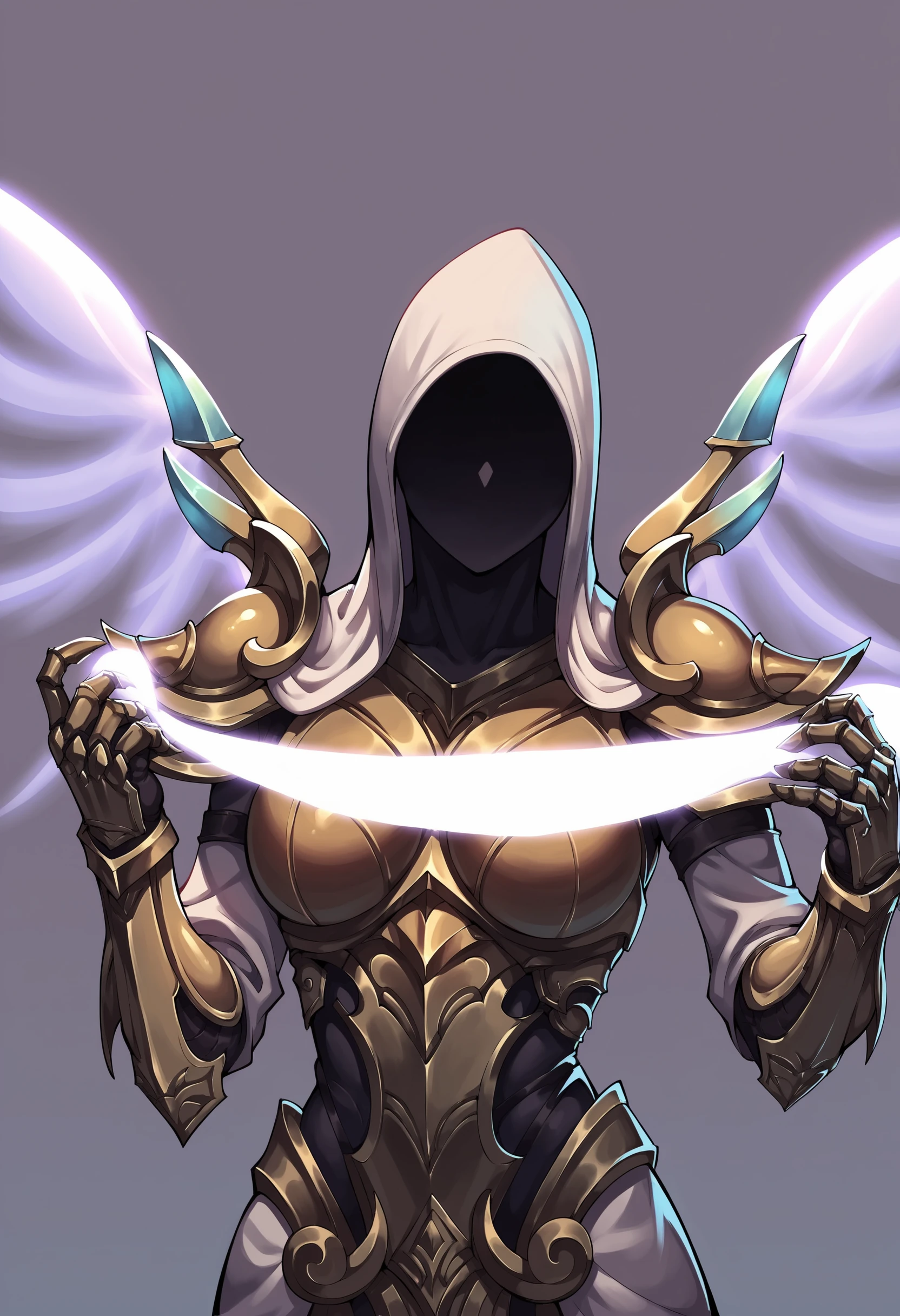 score_9, score_8_up, score_7_up, score_6_up, score_5_up, score_4_up, <lora:Auriel:0.75> 1girl, breasts, armor, white wings, glowing, hood, hood up, faceless, shoulder armor, gauntlets, upper body view, close-up, selfie pose, 
(light purple background:1.15), simple background,