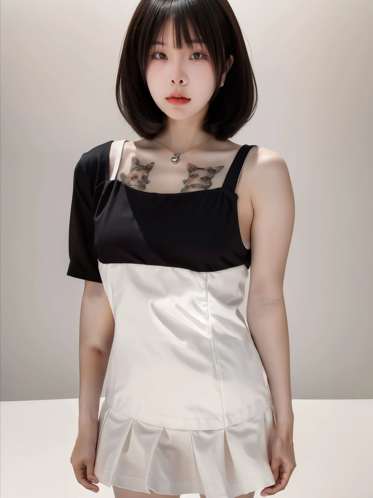 1girl, medium breasts, looking at viewer, realistic, photorealistic, black eyes, black hair, short hair, lips, bangs, jewelry, tattoo, mole,  hyper detailed, super sharp, crisp, smooth, smooth gradients, depth of field, (in studio: 1.1), (white background: 1.1), <lora:jqq8896:1> , <lora:breastsizeslideroffset:-0.25>, <lora:add_detail_v5:1>, dress, skirt, uniform