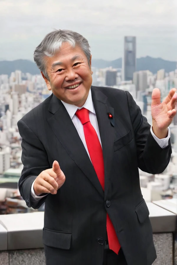 <lyco:Kazuhiro_Haraguchi:1.0>, highly detailed professional 8k raw photography, best hyperrealistic quality backgrounds, volumetric real-time lighting and shadows, middle-aged, smile, old man, asian, gray hair, wearing  black suit and red tie, white shirts under the black suit, Asian, (Kazuhiro Haraguchi) pointing at viewer, tokyo city background