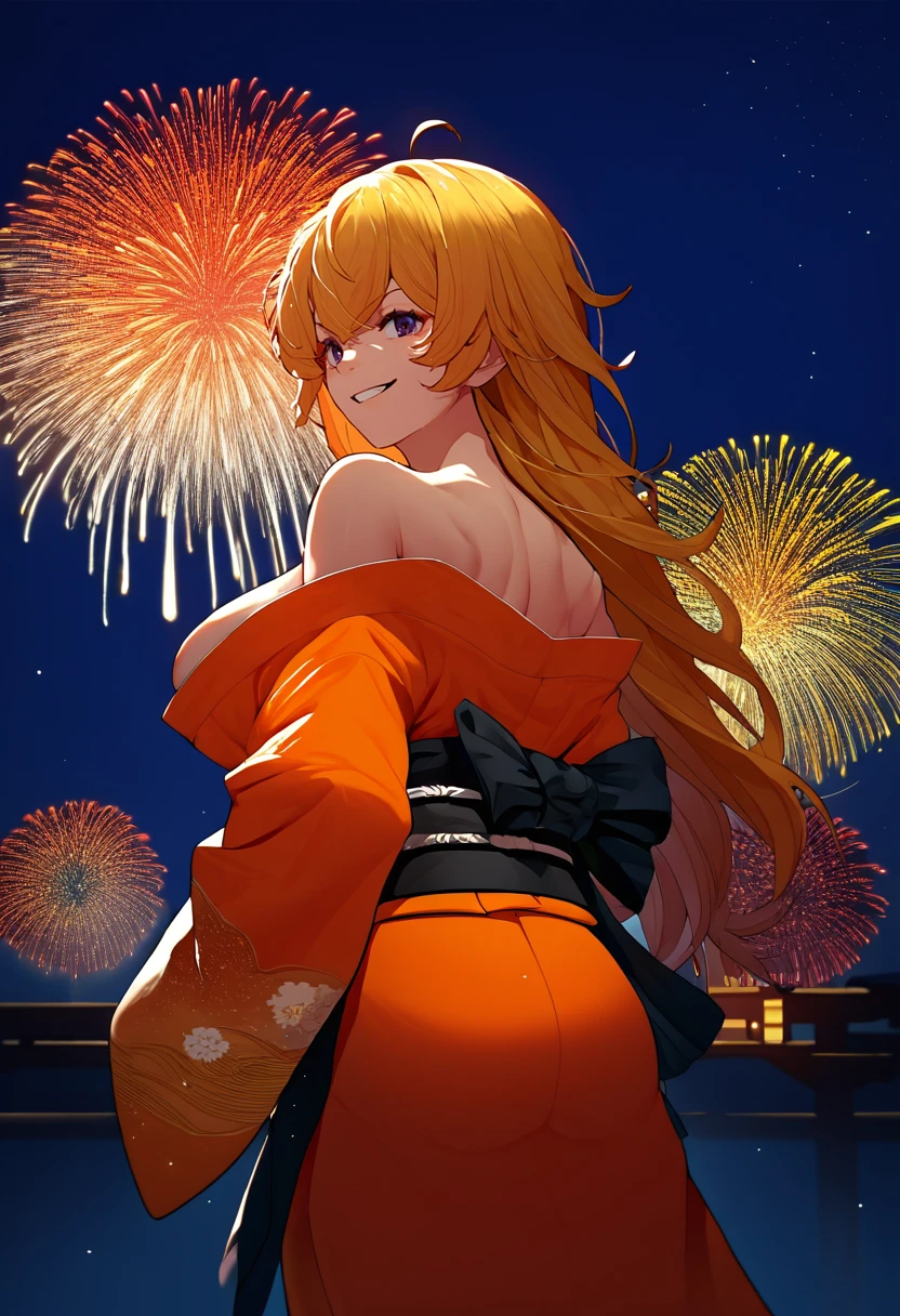 score_9, score_8_up, score_7_up, source_anime, from behind, solo, 1girl, rwbyyangs1, grin, looking back, ahoge, japanese clothes, orange kimono, off shoulder, black sash, bare shoulders, large breasts, fireworks <lora:rwby_yangxiaolongS1_ponyXL:1>