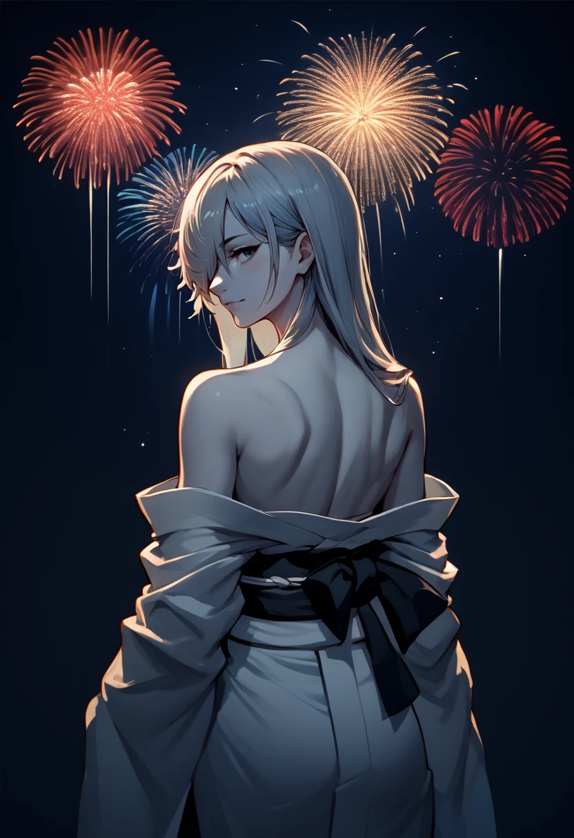 score_9, score_8_up, score_7_up, source_anime, from behind, solo, 1girl, u-1196, white skin, light smile, looking back, long hair, hair over one eye, japanese clothes, white kimono, off shoulder, black sash, bare shoulders, fireworks <lora:cellsatwork_u1196_ponyXL:1>
