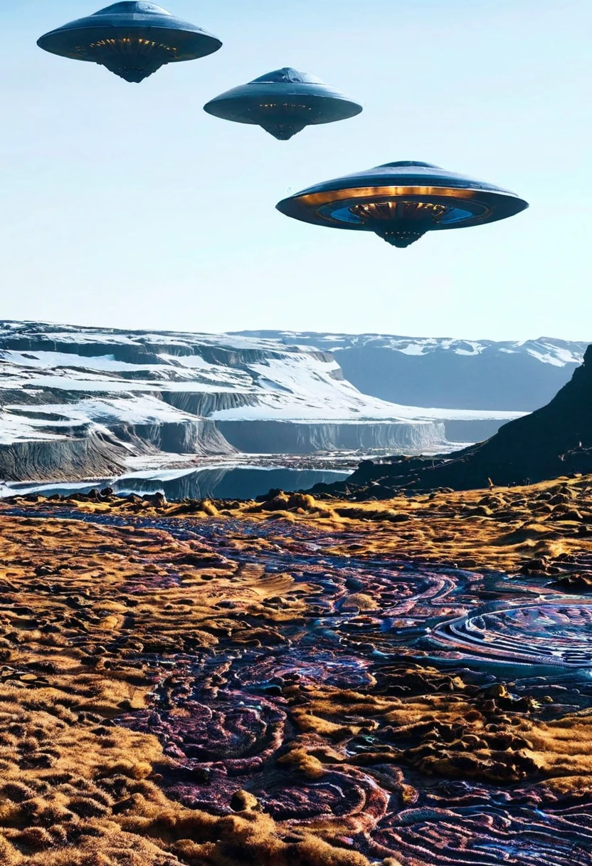 photo of a surrealist landcape with iceland, ufos and psychedelic patterns