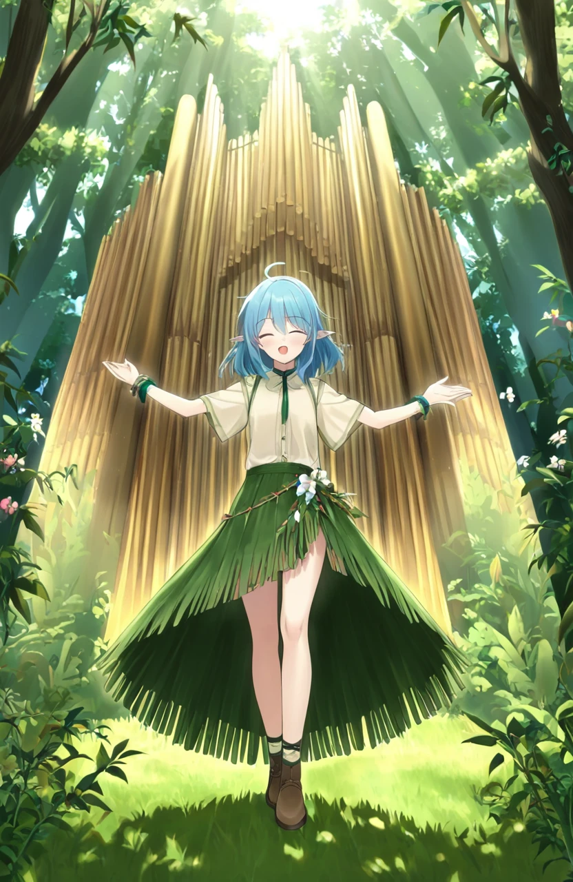 1girl,azuuru, macaroni hourensou,
solo,forest,blue hair,open mouth,closed eyes,grass skirt,pointy ears,spread arms,tree,vines,organ pipe,organ \(instrument\), <lora:organXL:1>, masterpiece, newest, absurdres,safe