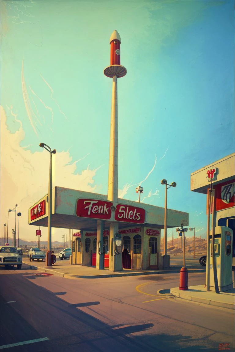 painting of a large abandoned roadside gas station with a route 66 highway shield, with a rocket sign and sci-fi cars in the parking lot