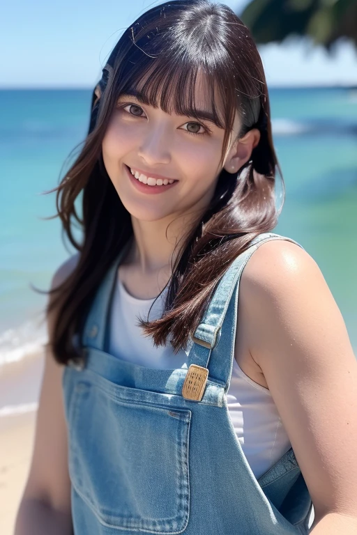 1girl, (masterpiece, RAW photo, best quality:1.4), (realistic, photo-realistic:1.4), extremely detailed, 8k wallpaper, ultra-detailed, highres, soft light, beautiful girl, young Japanese idol, (wavy long hair, bangs), brown eyes, (carefree smile:1.2), (overalls:1.4), walking on the sandy shore, gentle waves lapping at her feet, daytime, relaxed aura, gravure photo, detailed eyes and face, perfect anatomy, shiny skin, detailed skin, (blurry background:1.1), professional lighting, shallow depth of field, vibrant colors, glossy finish, (medium shot:1.8), background featuring a calm ocean, clear blue sky, soft pastel colors, gentle waves shimmering, <lora:paytonnaomi_lora-v2_06:0.9>