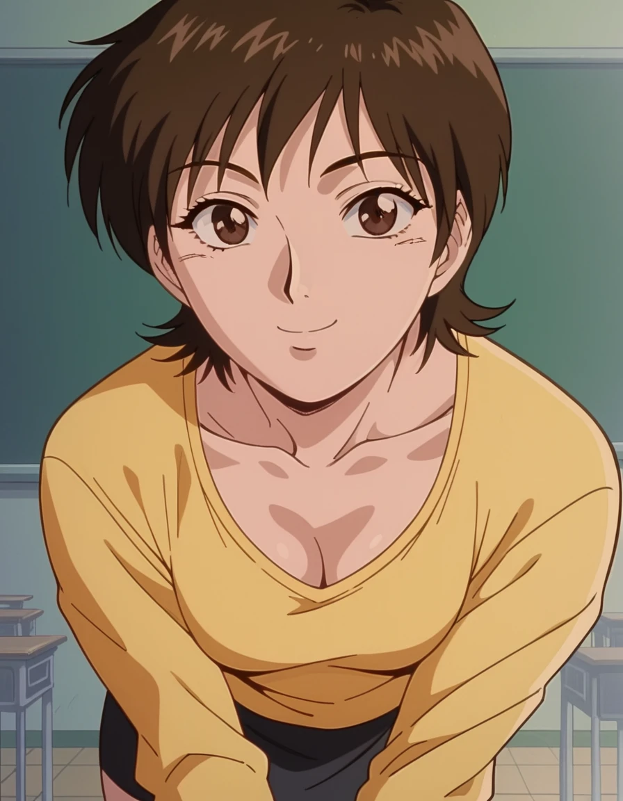 score_9, score_8_up, score_7_up, source_anime, <lora:azusa-fuyutsuki-anime-ponyxl-lora-nochekaiser:1> azusa fuyutsuki, short hair, brown hair, brown eyes, small breasts,, shirt, yellow shirt, collarbone, cleavage, collarbone, skirt, black skirt,, indoors, classroom, bent over, smile, looking at viewer, solo,, cowboy shot, dutch angle