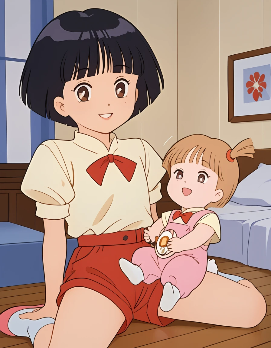 1girl, pennytr, brown hair, short hair, twintails, short twintails, dress, short sleeves, blue dress, shoes, brown mary janes stuffed toy, stuffed animal,
brown eyes, sitting on bed  masterpiece, expensive quality, very_expensive_solve, big_file size, full color,(completely nude:1.2),pussy,niplles,