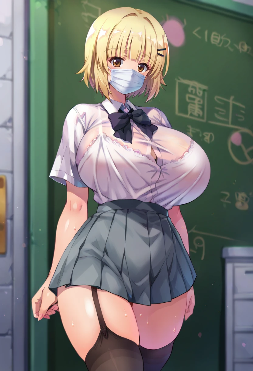 score_9, score_7_up, 1girl, solo,  himeko, joshi kousei rich thots, short hair, blonde hair, blunt bangs, (huge breasts:1.1), wide hips, thick thighs, grey skirt, white shirt, pleated skirt,  brown eyes, loafers, stockings   <lora:kamogawa_tanuki-Style-PonyXL-Dora-000039:1>, strained blouse, black face mask, hair clips, black ribbon, standing