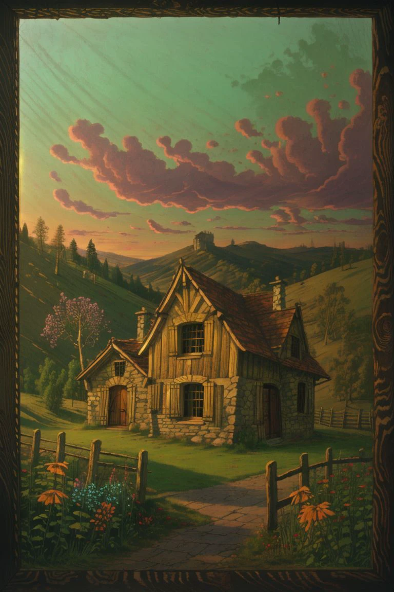 Quaint country house nestled among rolling hills under a pastel sunset, rustic wooden facade clinging to its original stonework, weathered shutters flapping gently, framed by wildflowers and an old oak tree, ambient glow cast soft shadows