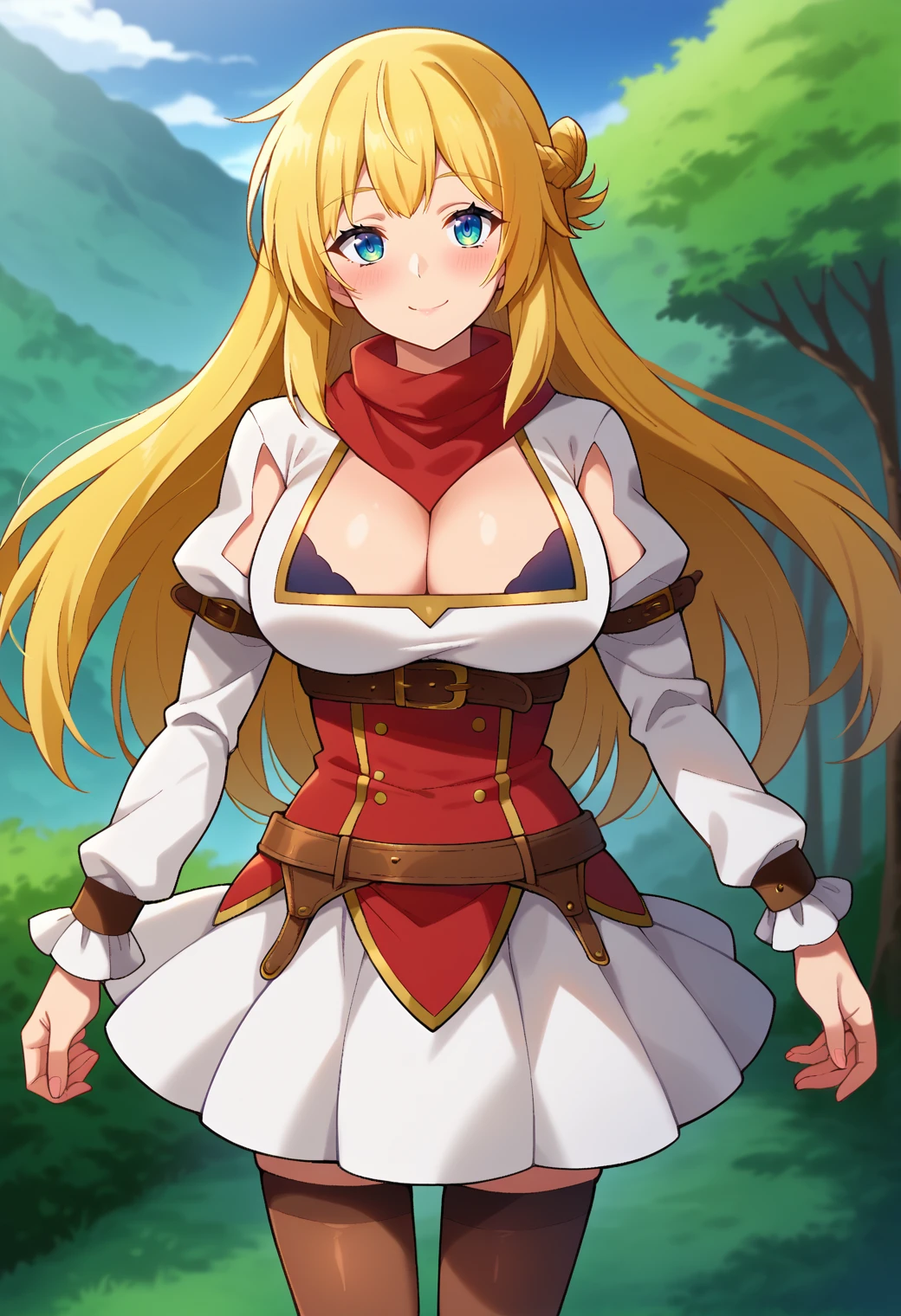 score_9, score_7_up, hd, (ultra hd quality details), source_anime, outdoors,
solo, 1girl, rittolbase, large breasts, blonde hair,
white dress, long hair, hair bun, french braid, red scarf, cleavage, juliet sleeves, long sleeves, red underbust, belt, brown thighhighs,
looking at viewer, blush, smile, closed mouth,
standing, from side,
<lora:_ritto_bh-elesico-pony-08:1>