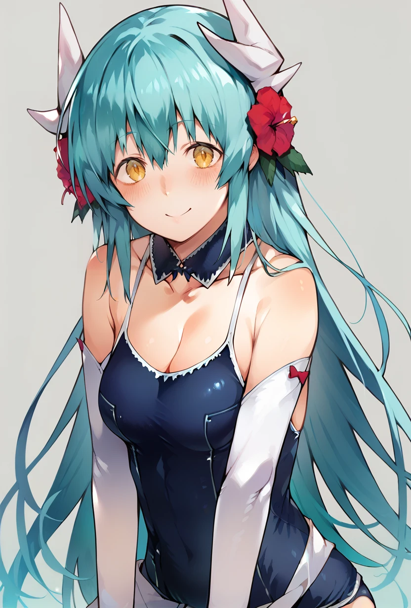 score_9,score_7_up <lora:kiyohime_(lancer)_XL_1:1>  bbkiyo, long hair, aqua hair, white horns, hair flower, yellow eyes, detached collar, cleavage, school swimsuit, blue one-piece swimsuit, elbow gloves, white gloves, sash, blush, smile,      <lora:nishiide_kengorou-Style-PonyXL-Dora-000039:1>