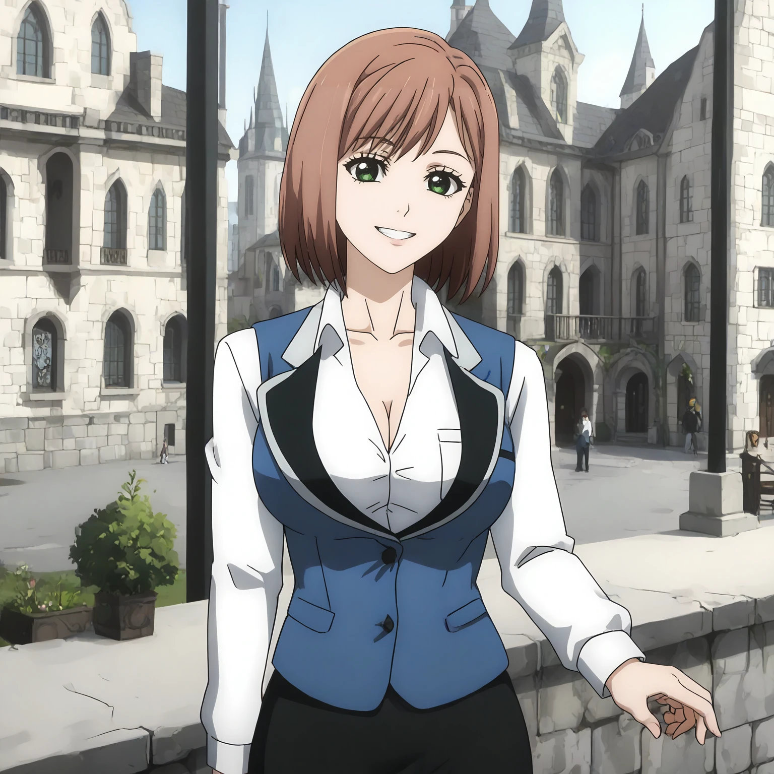 <lora:ONT_AlisaGrangerXLpony002>,
looking at viewer,smile,parted lips,
solo,
AlisaGranger,1girl,pink brown hair,bob_cut,green eyes,
business_suit,white shirt,blue vest,cleavage,long_sleeves,black skirt,
outdoors,medieval cityscape,