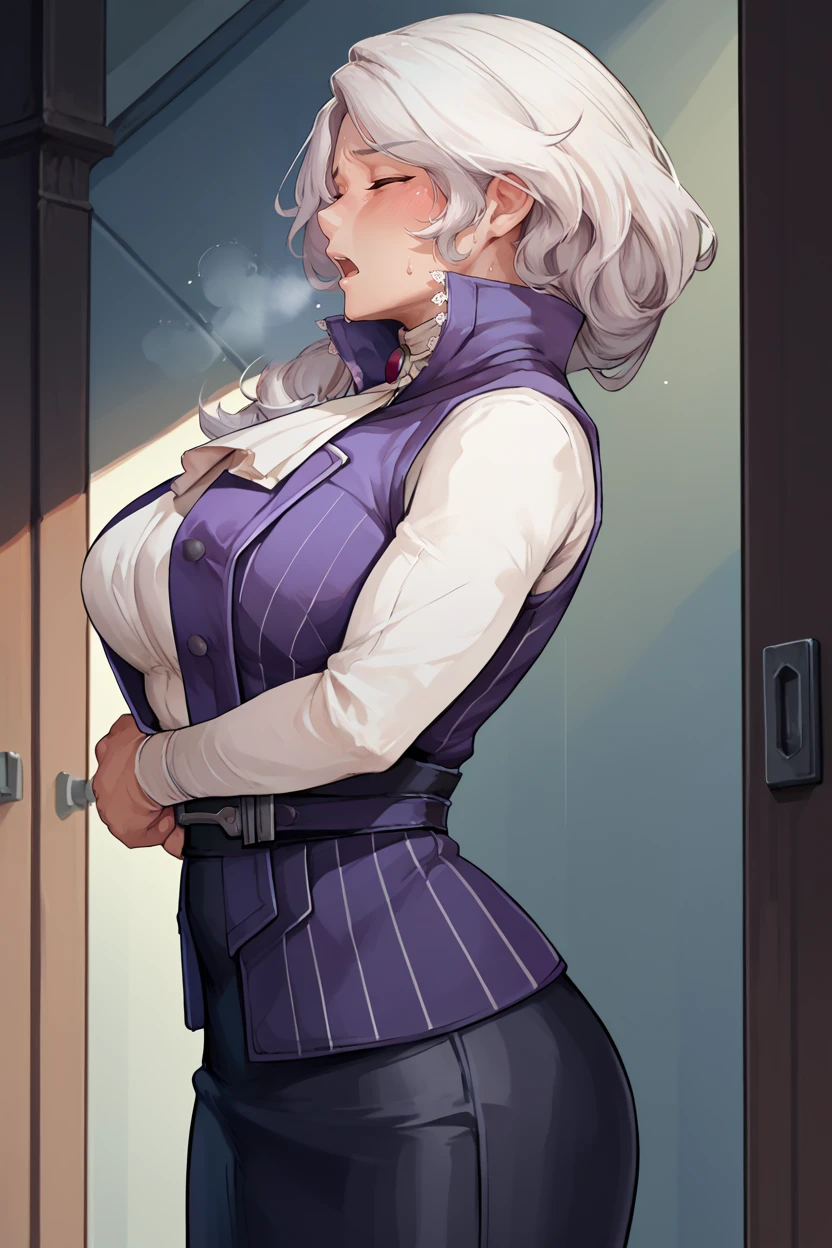 score_9, score_8_up, score_7_up, score_6_up, source_anime, 1girl, solo,  <lora:willowschnee-pdxl-nvwls-v1-000008:1> rbWillow, white hair, high collar, purple vest, white shirt, ascot, long sleeves, black skirt, black pantyhose, mature female, large breasts, from side, closed eyes, blush, sweat, hallway, open mouth, heavy breathing