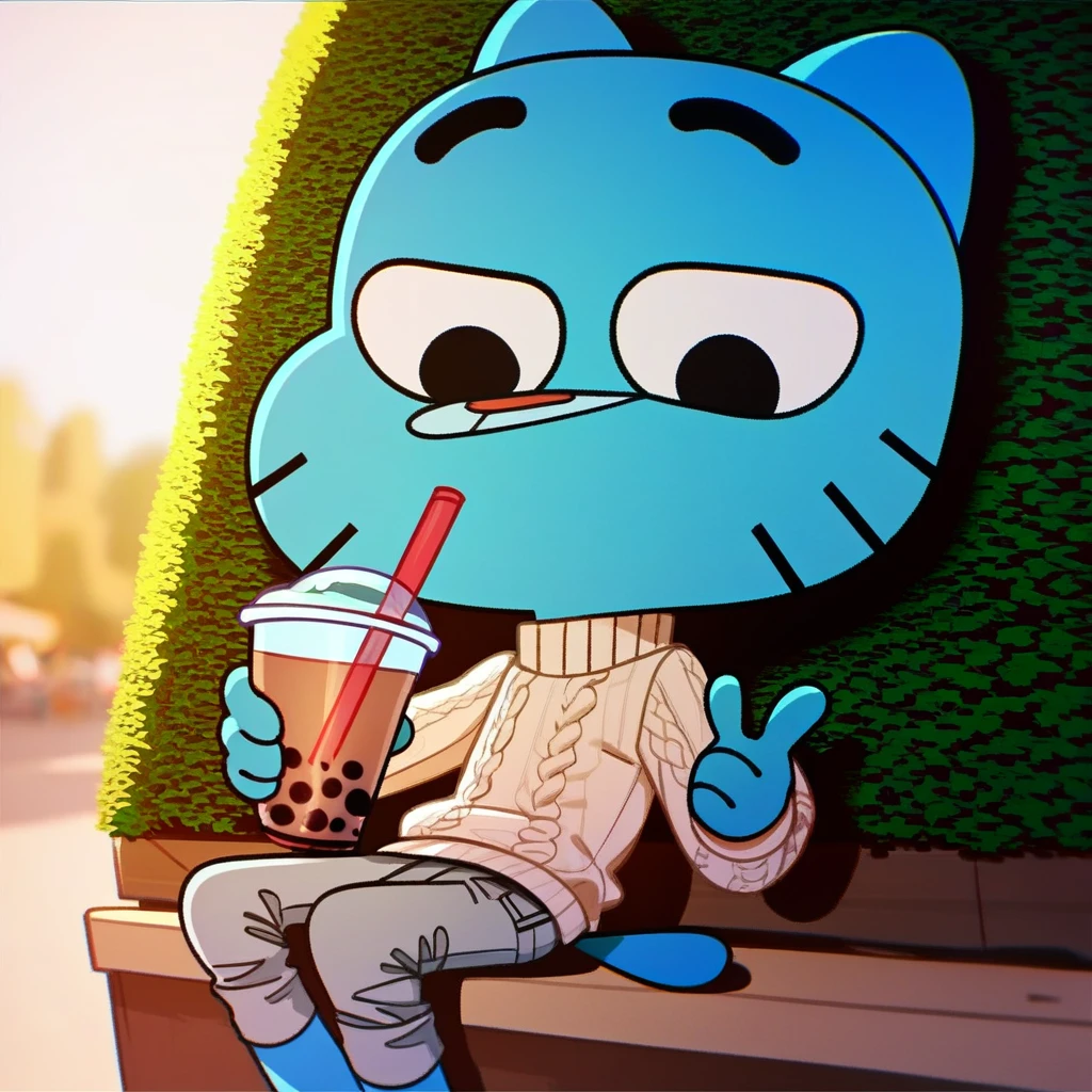 score_9, score_8_up, score_7_up, score_6_up, gumball, black eyes, blue fur, blue cat, cat ears, tan sweater, grey pants, 1boy, solo, bubble tea, holding, drink, park,