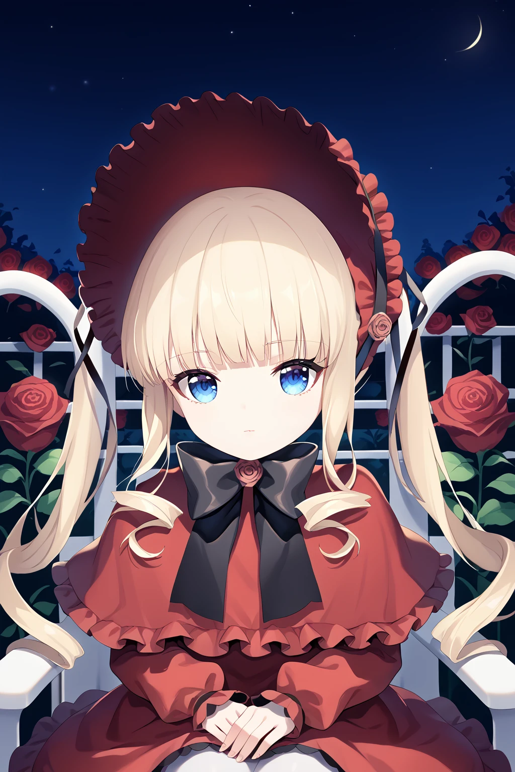 core_9, score_8_up, score_7_up, source_anime, best quality, masterpiece, palette enhancement, 1girl, shinku, capelet, dress, bonnet, bow, ribbon, white pantyhose, garden, night, red roses, sitting in chair, close face, upper body <lora:Сolor_palette_enhancement:1> <lora:Shinku:1>