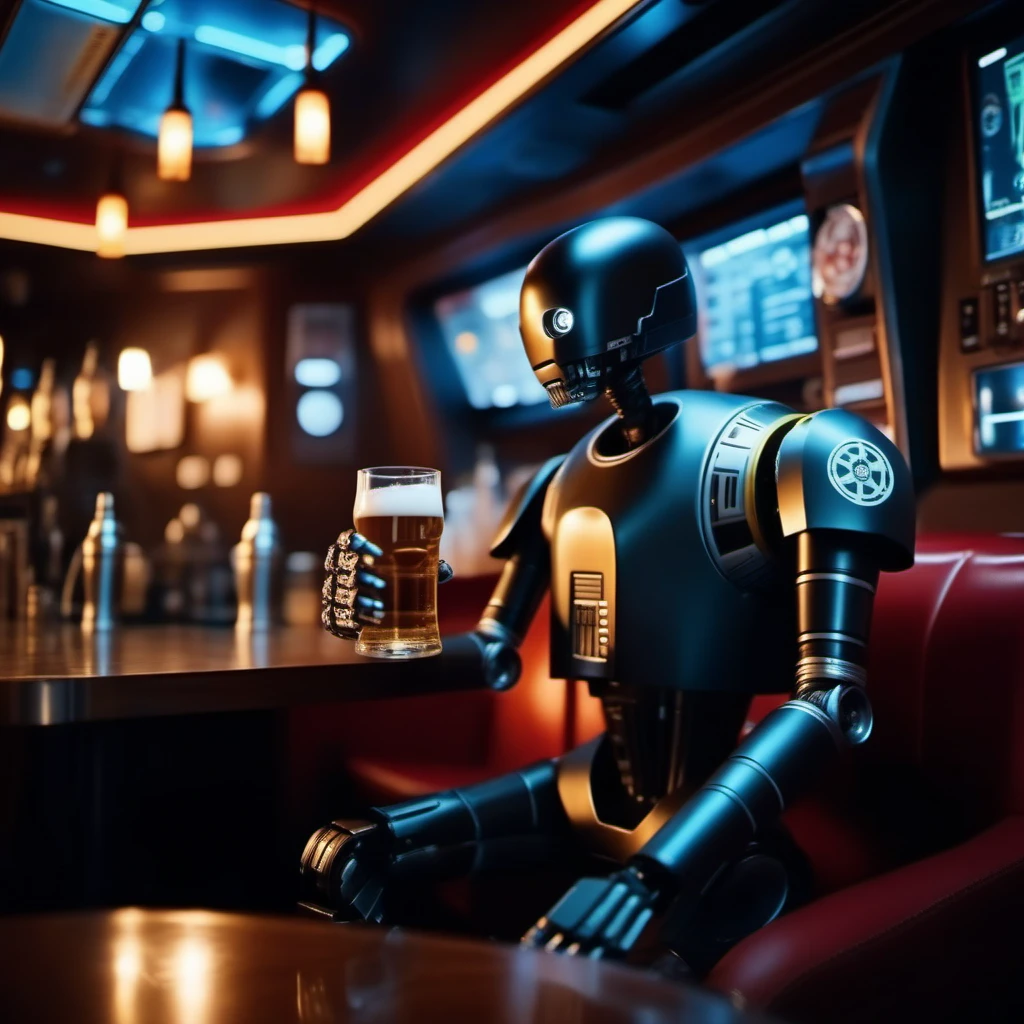 cinematic photo robot, solo, no humans, having a beer in a spaceship pub  <lora:K2SO:0.8> . 35mm photograph, film, bokeh, professional, 4k, highly detailed