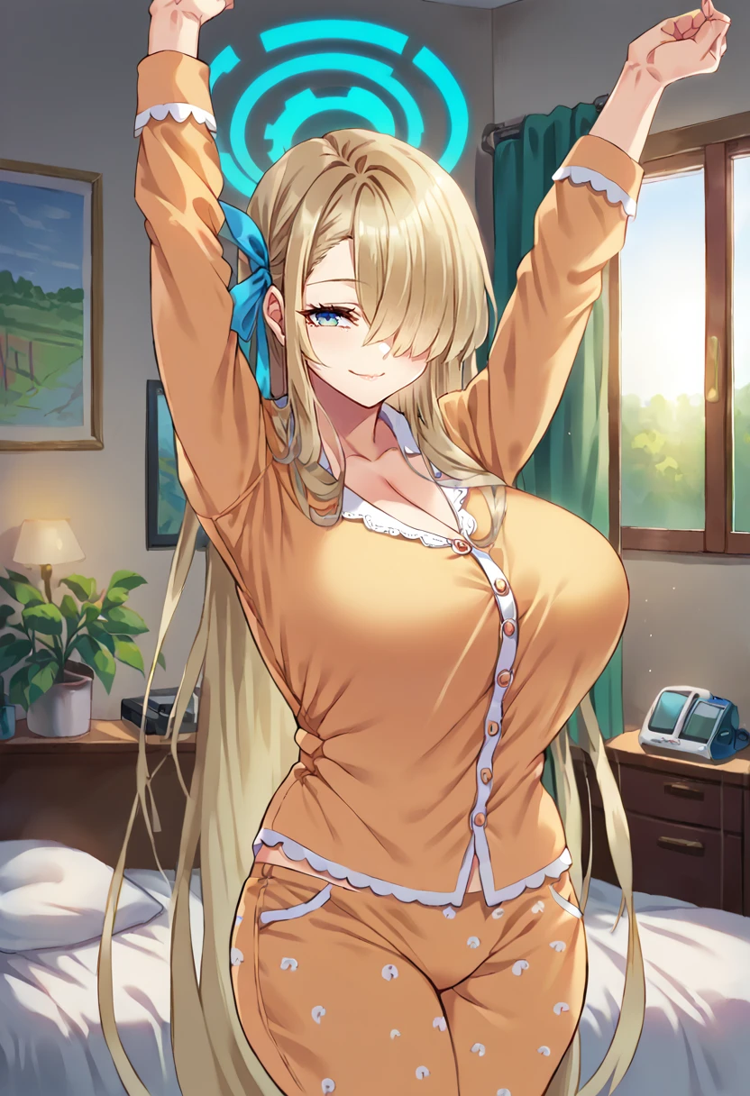 score_9, score_7_up, cowboy shot, looking at viewer, smile, closed mouth, asnba, halo, large breasts, very long hair, hair over one eye, hair ribbon, pajamas, stretching, indoors, sunrise, apartment, bedroom, <lora:Hoseki_BA_Asn_PDXL_v1:1>,<lora:hayama_kazusa-Style-PonyXL-Dora-000034:1>